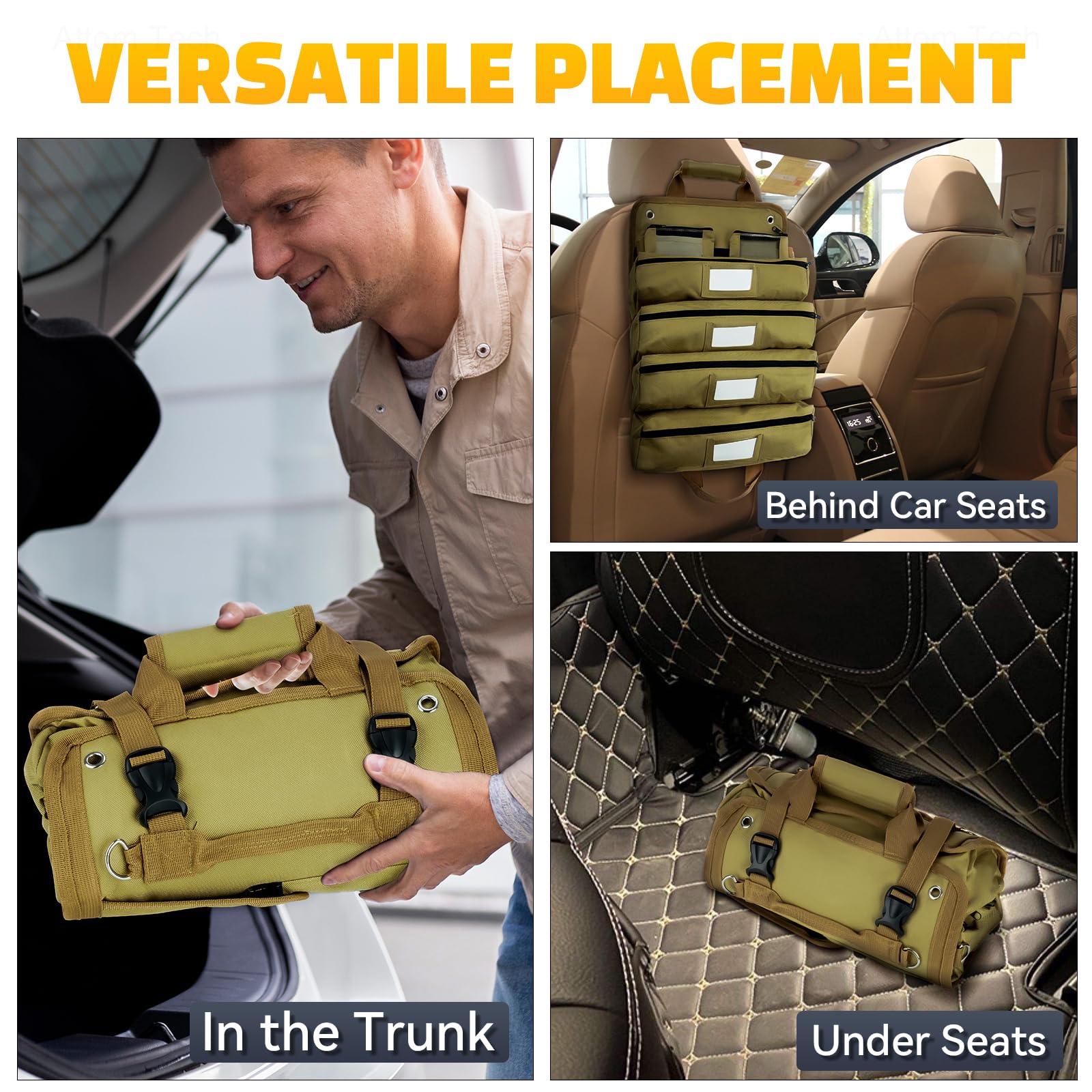 Tomorotec Heavy Duty Roll Up Tool Bag Organizer with 2 Detachable Pouches - Labeled Compartments & Expandable Pockets for Compact Tool Storage - Perfect for Electricians, Mechanics & DIY Home Improvement Projects