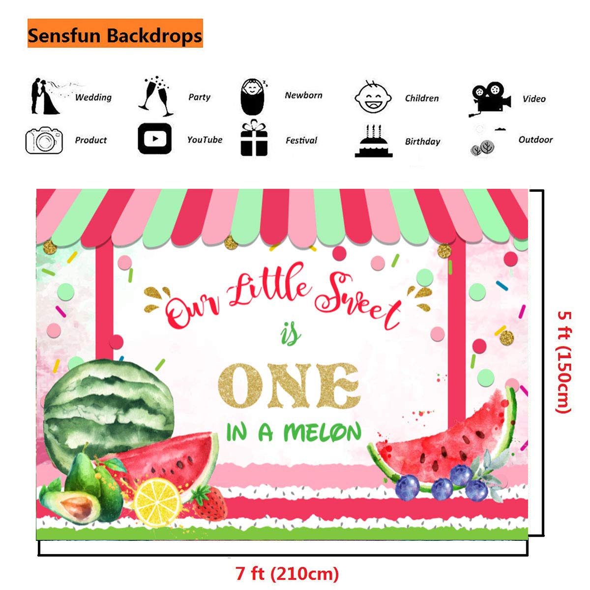 Premium Sensfun Watermelon Backdrop - One in a Melon Party Decor for 1st Birthdays, Baby Showers & Summer Celebrations | 7x5ft Photo Booth Banner & Cake Table Decoration for Girls, Boys & Newborns | Perfect for Fruit-Themed Photography Backgrounds & Festive Events
