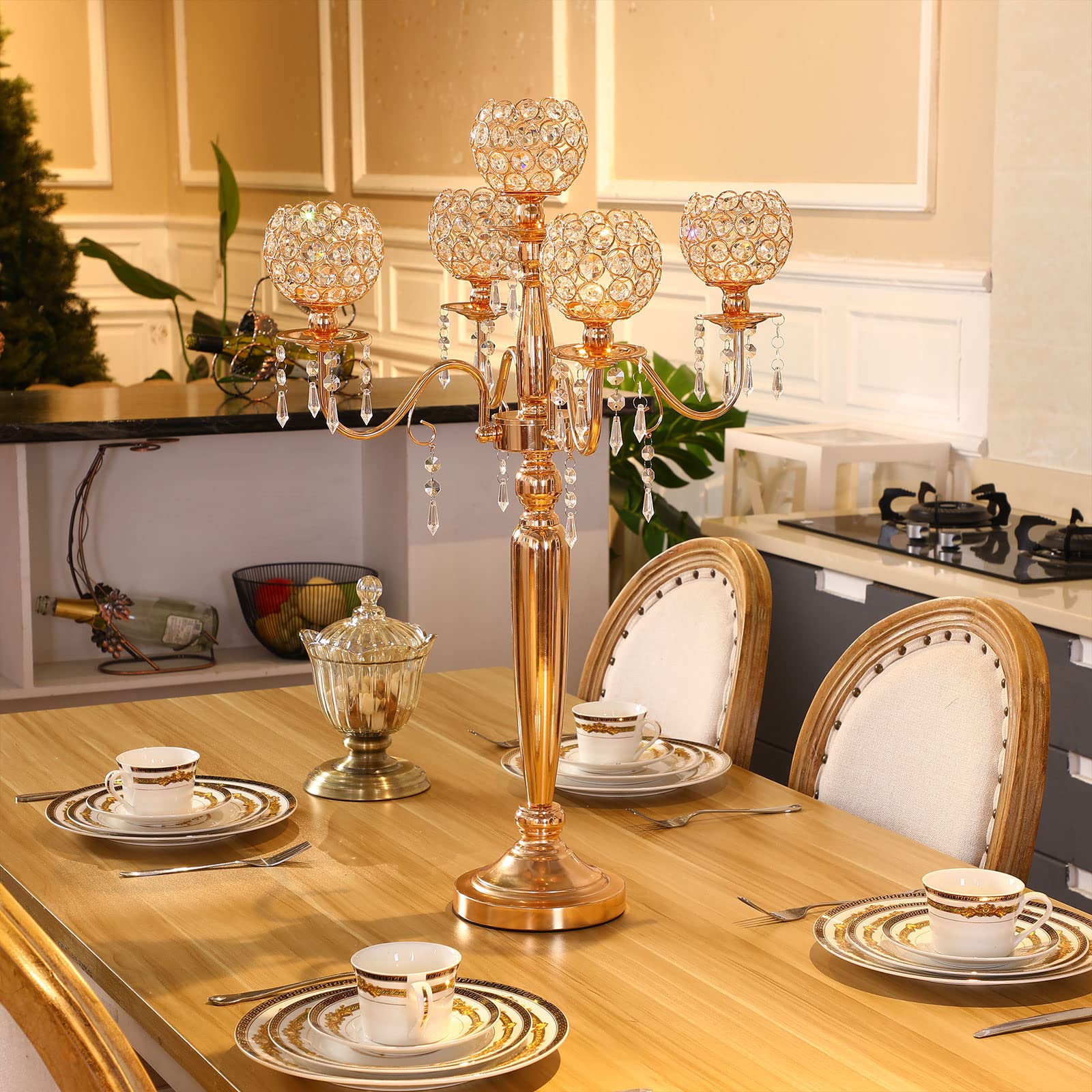 2 Pcs 29.5 Inch Gold Crystal Candelabra Centerpieces - 5 Arm Tall Candle Holders for Wedding, Party, Dinner Table Decor - Elegant Crystal Candle Holders for Formal Events, Home Dining & Holiday Decorations