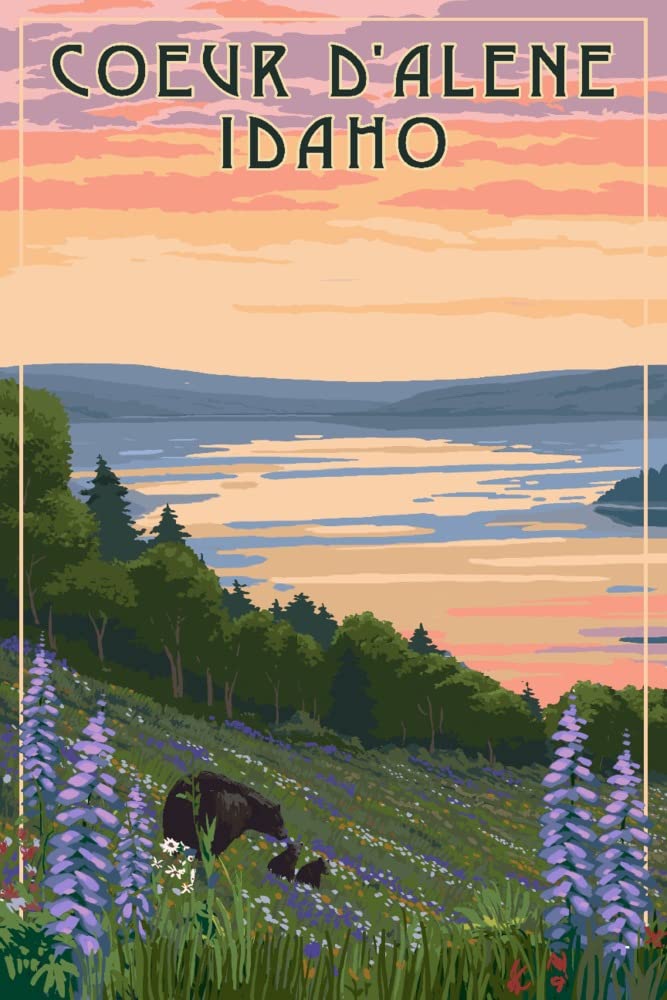 Lantern Press Coeur d'Alene Idaho Lake and Bear Family Wall Art - 24x36 Wrapped Canvas Print for Home Decor, Living Room, Bedroom & Office