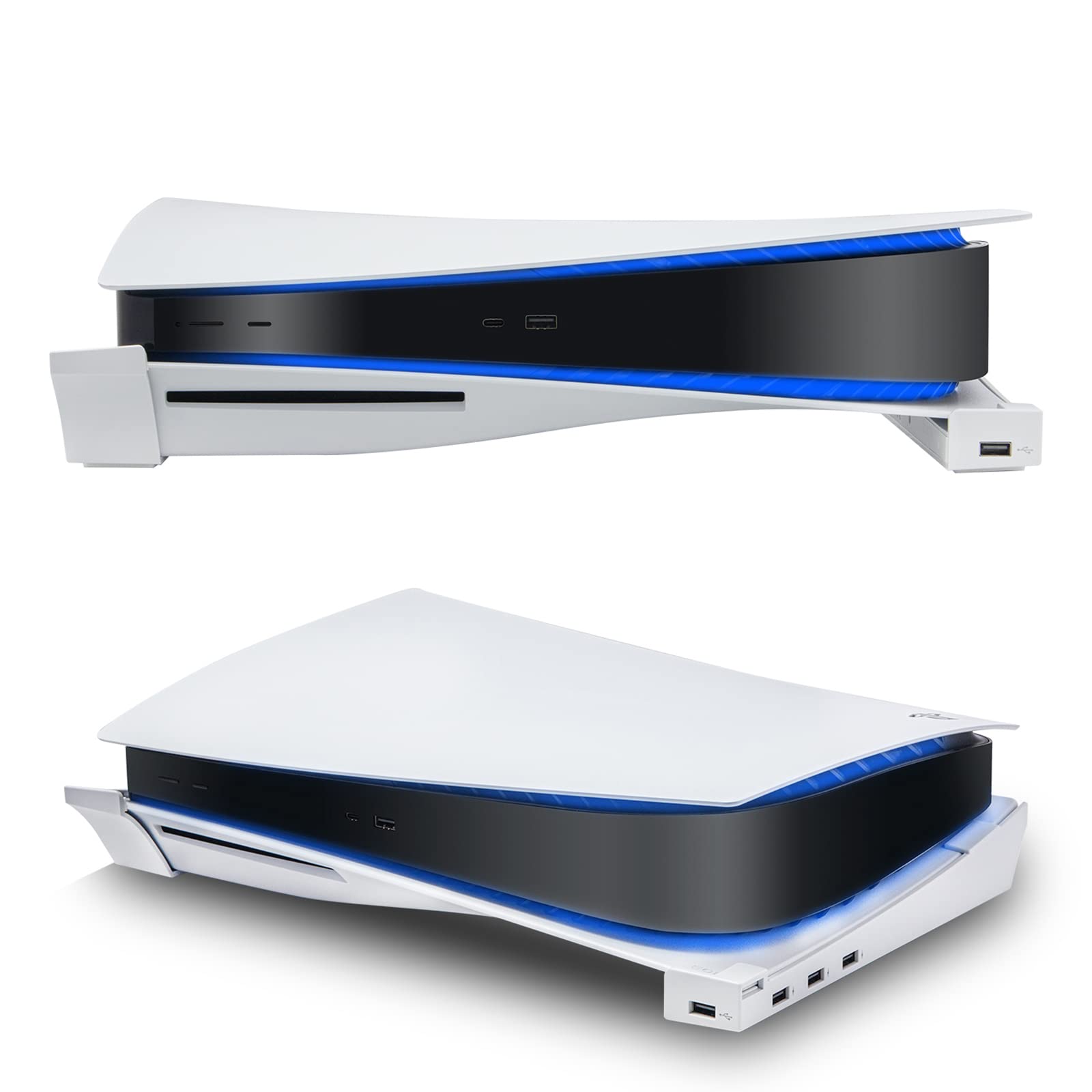 ECHZOVE PS5 Horizontal Stand with 4 USB Ports, Fast Charging & Data Transfer - Compatible with PlayStation 5 Disc & Digital Editions (Not for PS5 Slim/Pro) - Perfect for Gaming Setup & Console Organization