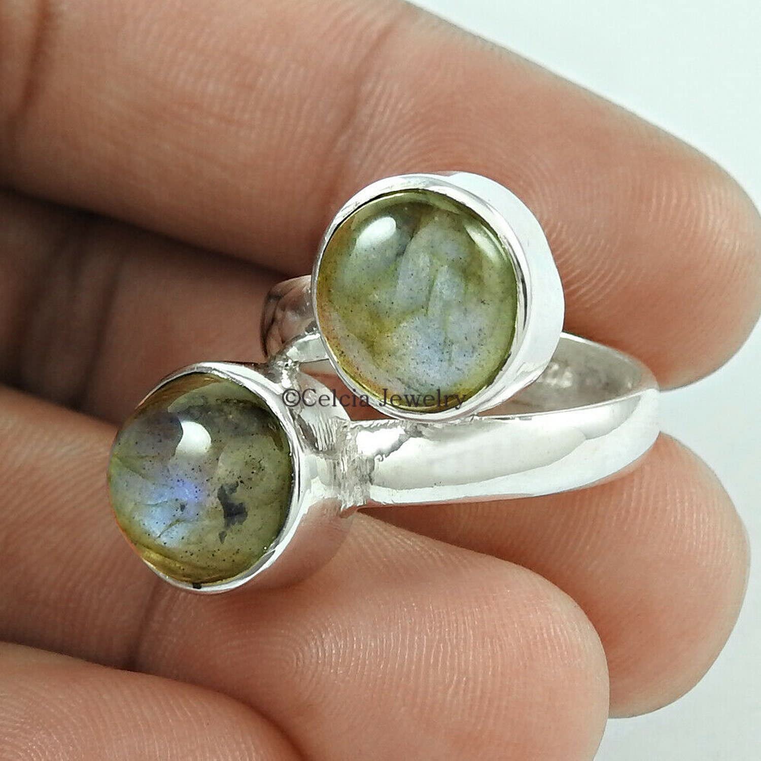Genuine Labradorite Stackable Round Ring - 2 Stone Blue Fire Ring, Dainty Cocktail Ring, Bohemian Pinky Ring - June Birthstone Jewelry, Good Friday Gift (Size 7) - Perfect for Weddings, Parties & Everyday Boho Style