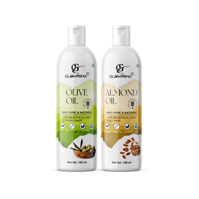 Glowrima 100% Pure Olive Oil & Almond Oil Combo Set (100ML Each) for Hair Growth, Anti Hair Fall, Split Ends Repair - Promotes Soft, Shiny & Healthy Hair - Perfect for Daily Hair Care & Scalp Massage (Pack of 2)