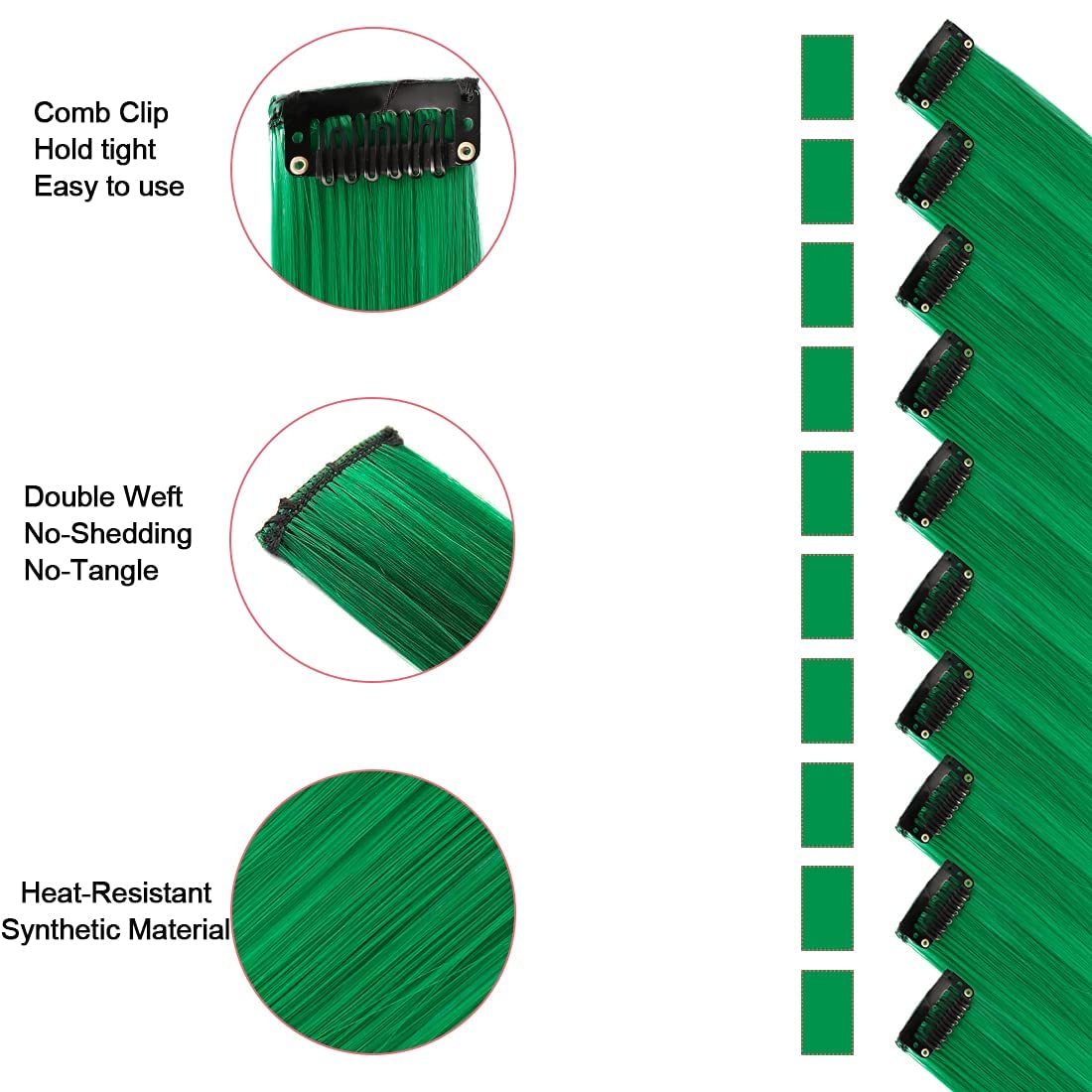 BOXO Set of 2 Clip-in Hair Extensions - Green Colored Strips for Women & Girls | Easy to Use Hair Highlights for Parties, Cosplay & Daily Styling