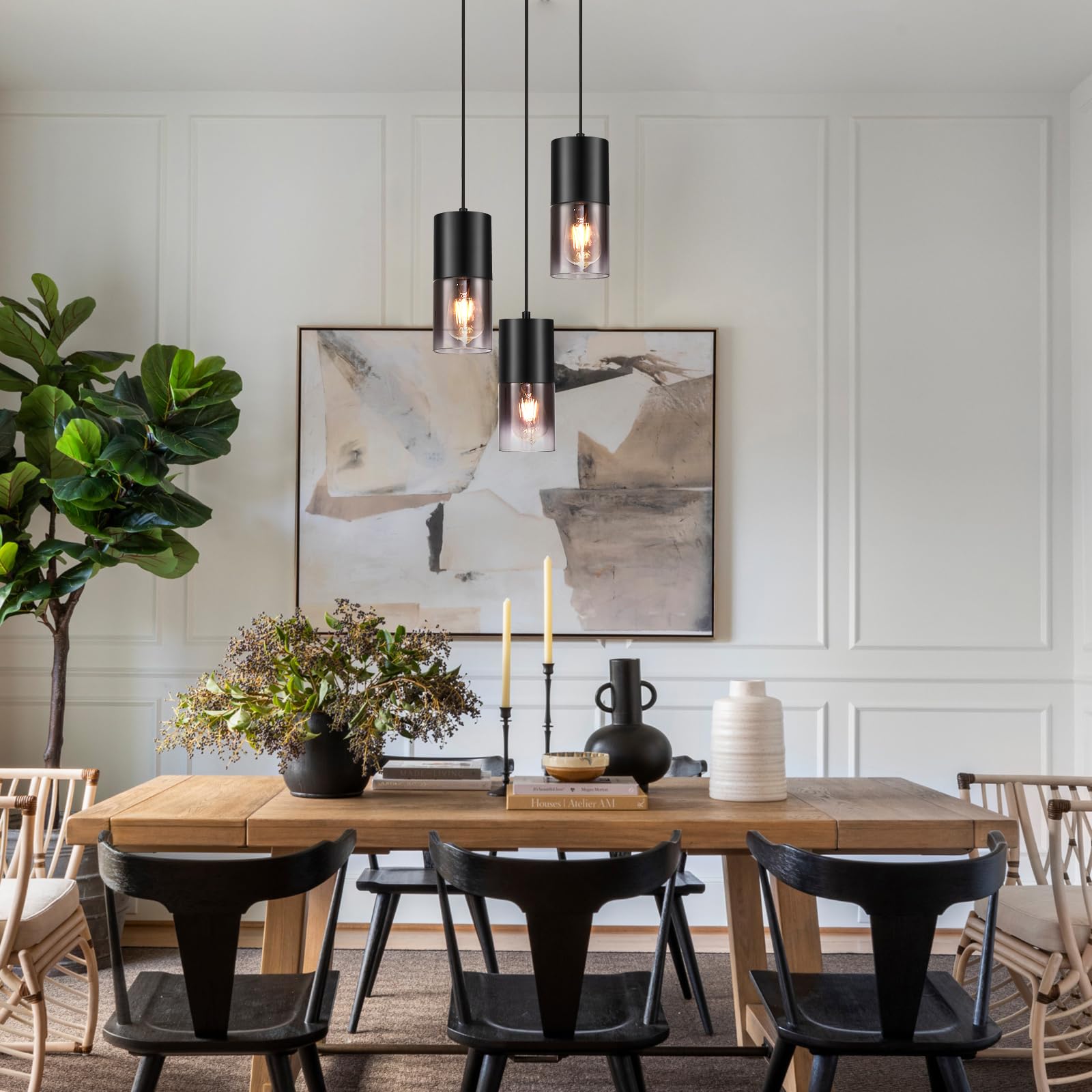 Industrial Black Glass Pendant Light - 3 E26 Bulb Kitchen Island Lighting with 59