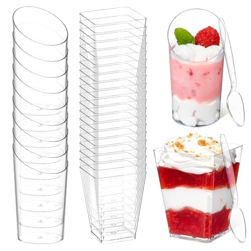 100-Pack Square & Slanted Plastic Dessert Cups with Spoons - 2.2oz & 5oz Mini Party Shooters for Banana Pudding, Yogurt, Jello, Fruit, Appetizers - Perfect for Weddings, Baby Showers & Catering Events