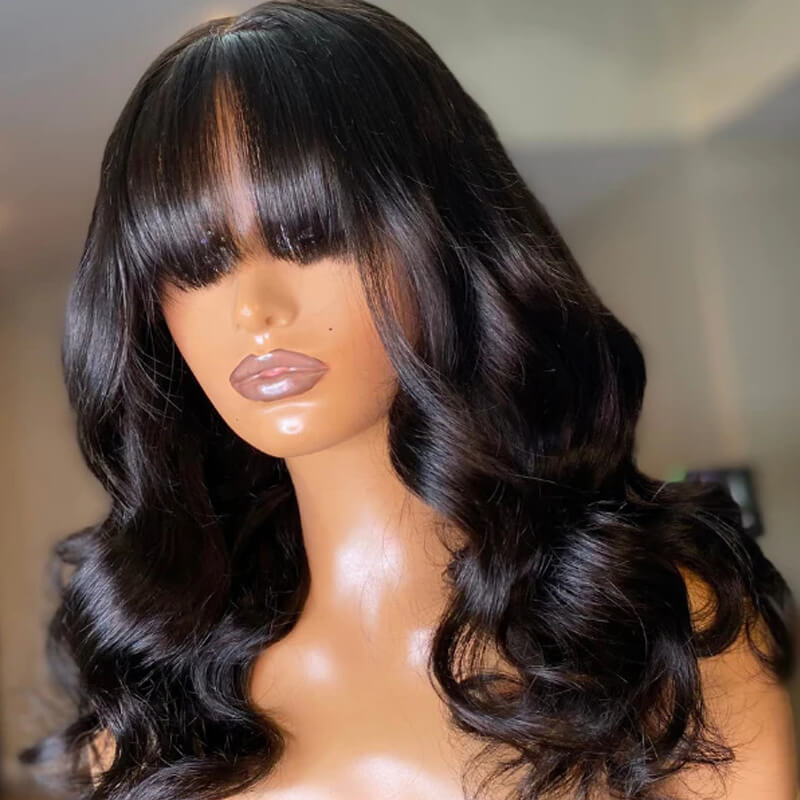 Eullair 12A Pre Cut Lace Closure Body Wave Human Hair Wig with Air Bangs - Brazilian Virgin Hair Wigs for Black Women | Natural Layered Cut, Blow Out Wavy Style for Daily Wear & Special Occasions