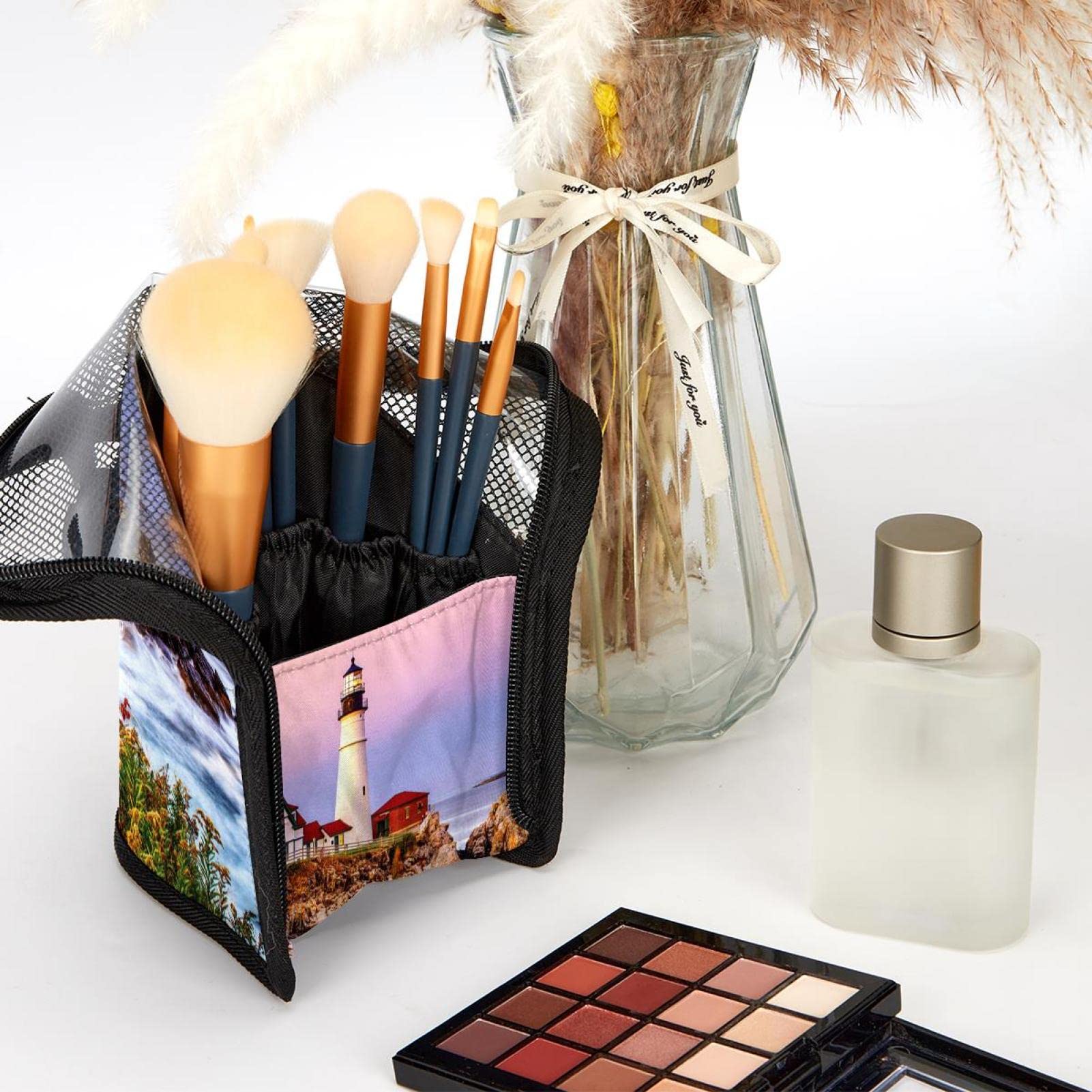 12-Piece Makeup Brush Organizer Bag with Portable Holder Case - Waterproof Travel Cosmetic Brush Storage for Seaside & Lighthouse Themed Vanity (Perfect for Travel, Home & Salon Use)