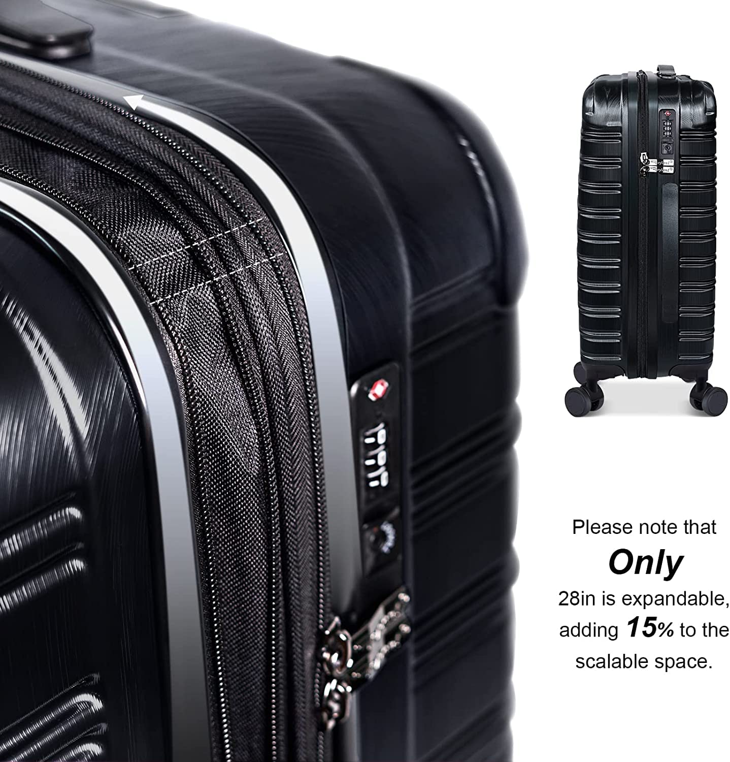 TSA Lock Hardshell Spinner Luggage Set - 20in 24in 28in Carry On PC+ABS Suitcase (Black) for Travel, Business Trips & Vacation Packing