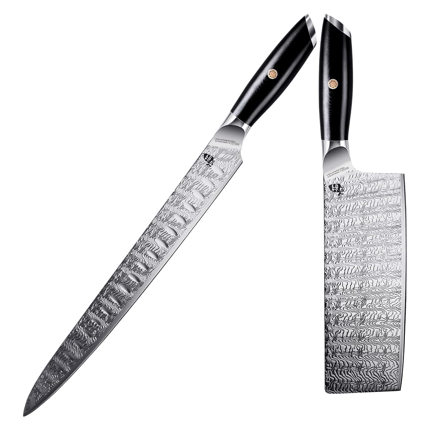 TUO Falcon S Series 12-inch Slicing Knife & 6.5-inch Nakiri Knife Set - AUS-8 Japanese Stainless Steel Carving & Vegetable Cleaver with Full Tang G10 Handle - Gift Box Included - Perfect for Professional Chefs, Home Cooking & Meat Carving
