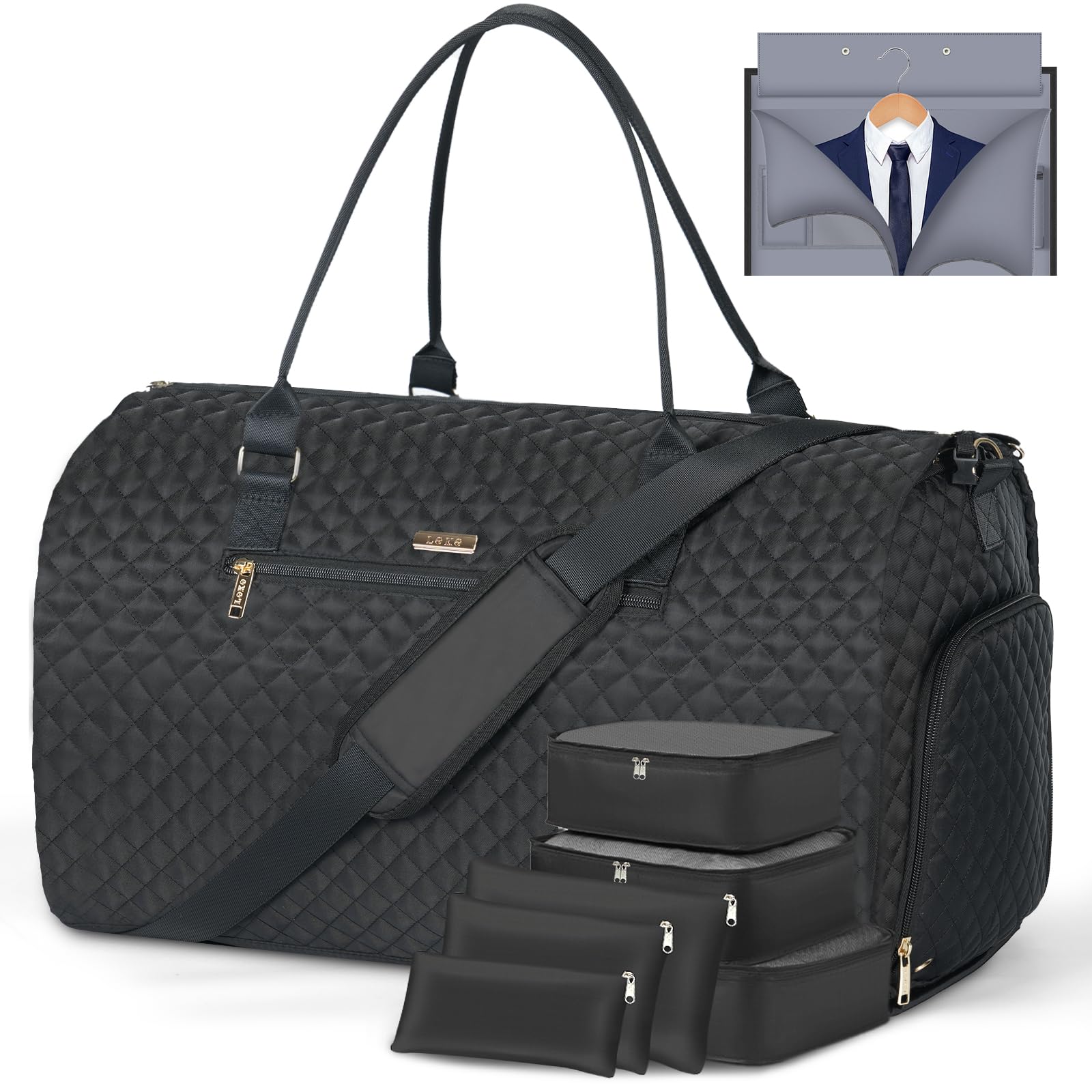 6-Piece Travel Garment Bag Set with Packing Cubes - Convertible Weekender & Duffle Bag for Women, Large Carry-On Luggage for Business Trips & Vacations - Perfect for Air Travel, Business Meetings & Weekend Getaways (Black)