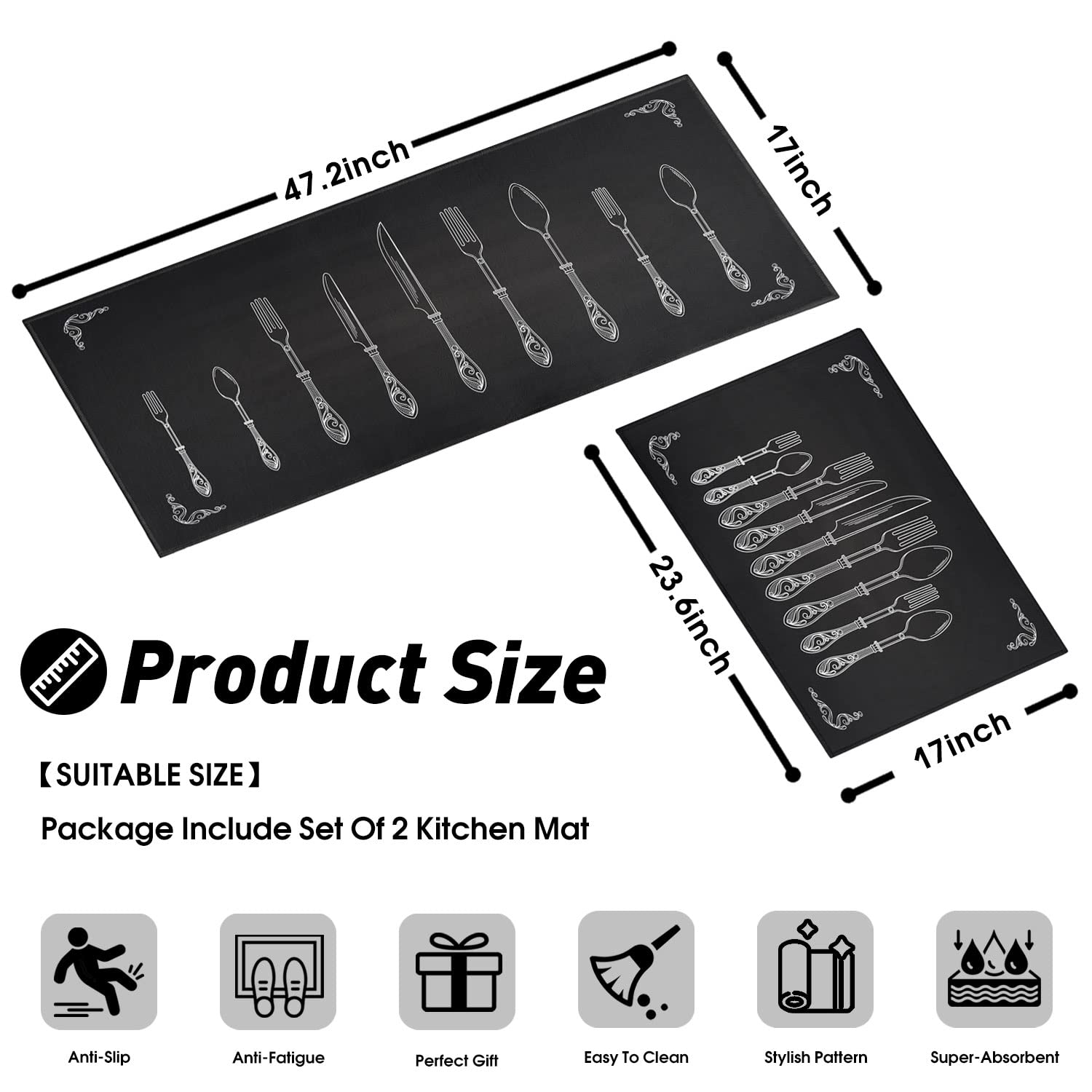 Non-Slip Washable Microfiber Kitchen Rugs Set of 2 - Absorbent, Stain Resistant Floor Mats (17