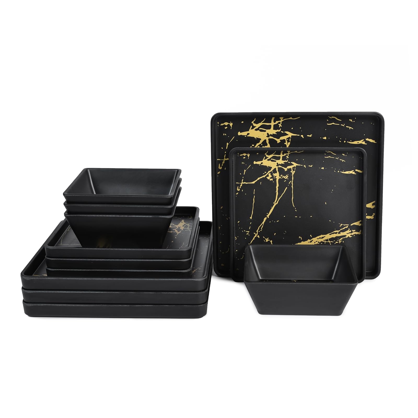 Premium 12-Piece Melamine Dinnerware Set - Square Plates & Bowls for 4, Durable & Dishwasher Safe, Elegant Black & Gold Design for Indoor/Outdoor Dining, Parties, and Picnics