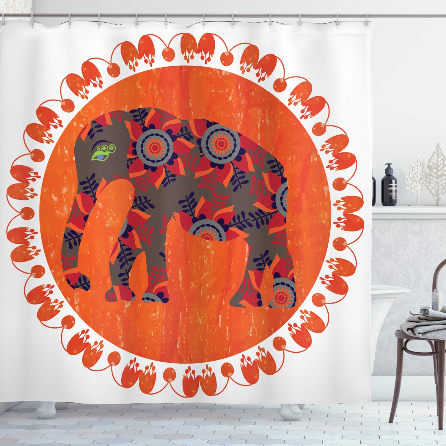 Ambesonne Circus Animals Shower Curtain - Vibrant Elephant Doodle Design with Orange Sun & Floral Patterns, 69x70 Inch Waterproof Fabric Bathroom Decor Set with Hooks | Perfect for Kids' Bathrooms, Circus-Themed Decor & Unique Gift Ideas