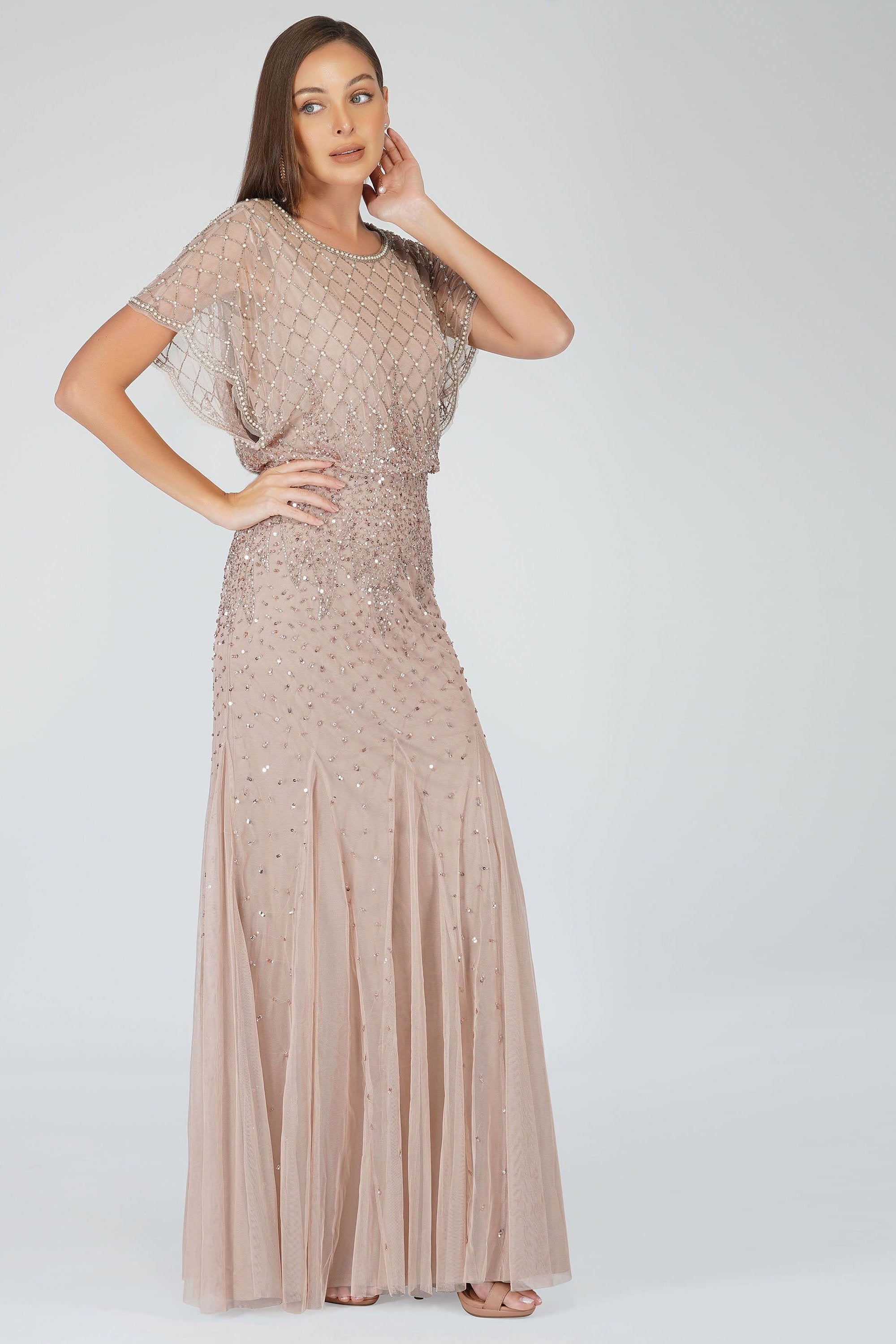 Nayo Maxi Embellished Dress in Mauve - Elegant Long Flowy Evening Gown for Women, Perfect for Weddings, Parties & Special Occasions