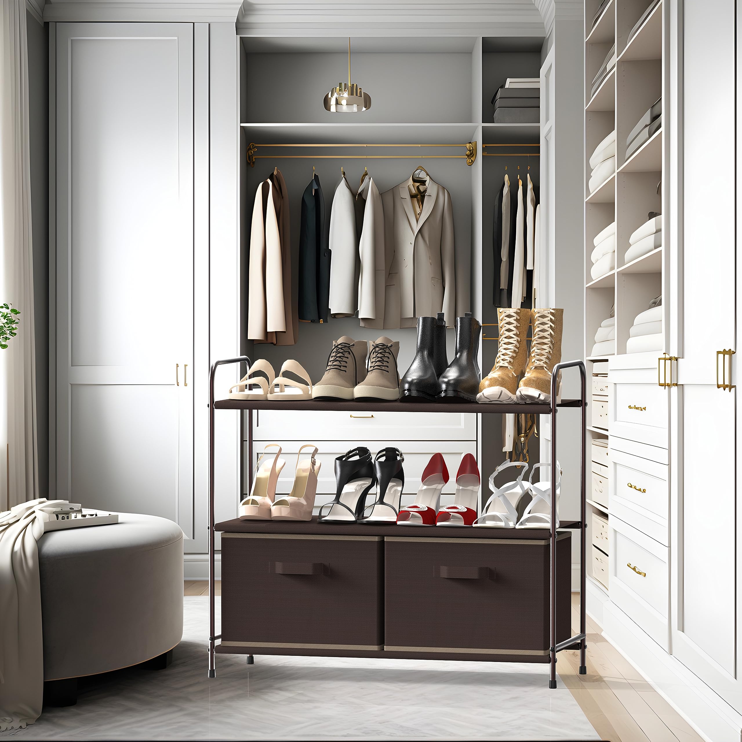 3-Tier Closet Organizer with 2 Drawers - Space Saving Storage Shelf for Bedroom, Closet & Bathroom - Brown Simple Houseware for Home Organization