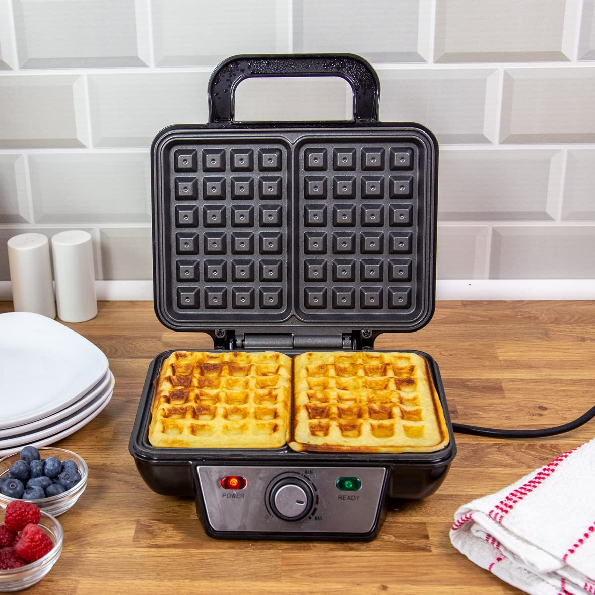 Quest 35950 2-Slice Deep Fill Waffle Maker - Non-Stick Hot Plates, Adjustable Temperature, Stainless Steel with Cool-Touch Handle, 1000W - Perfect for Breakfast, Brunch & Family Gatherings