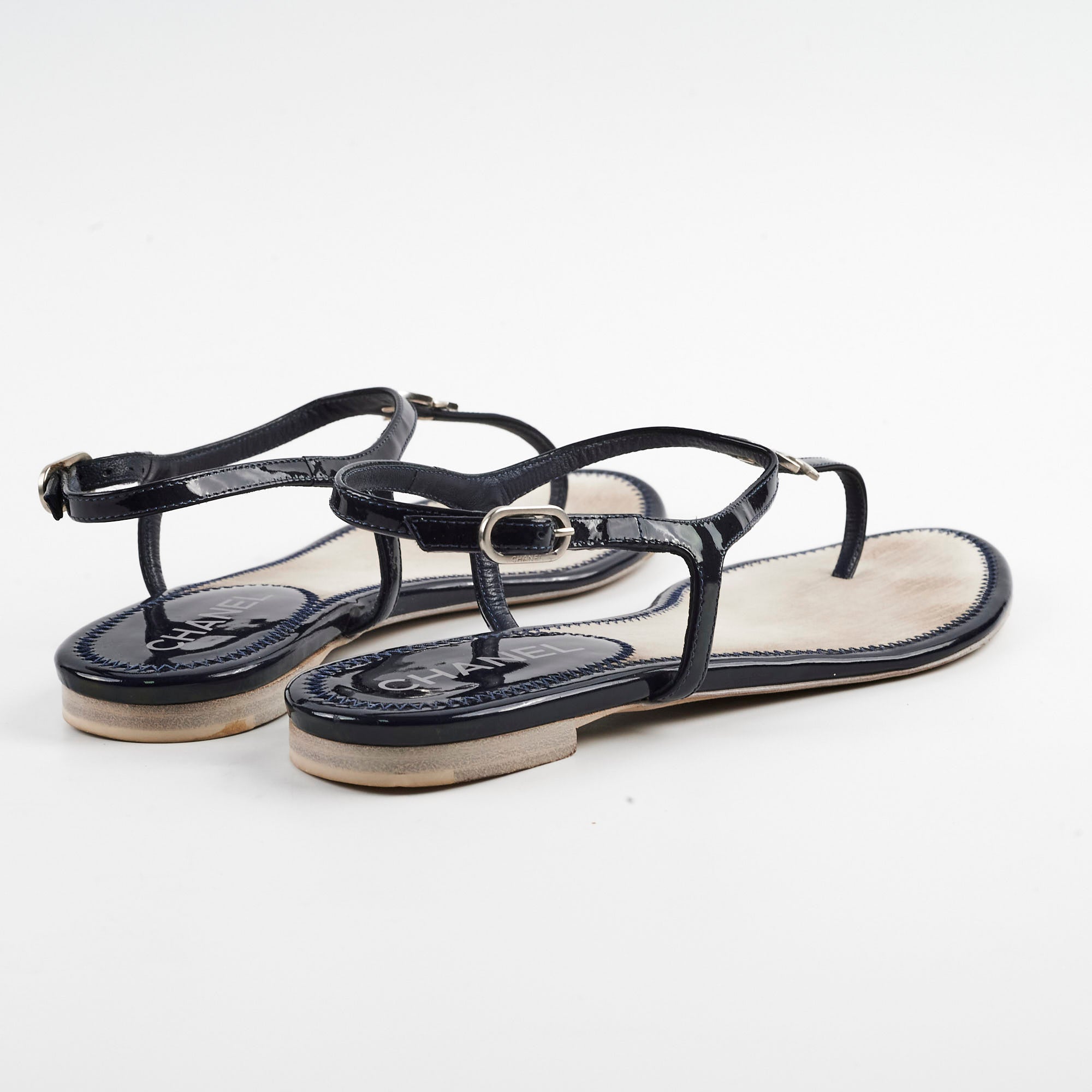 Chanel Navy Blue Patent Leather Sandals for Women - Luxury Designer Summer Shoes for Beach, Party & Casual Wear