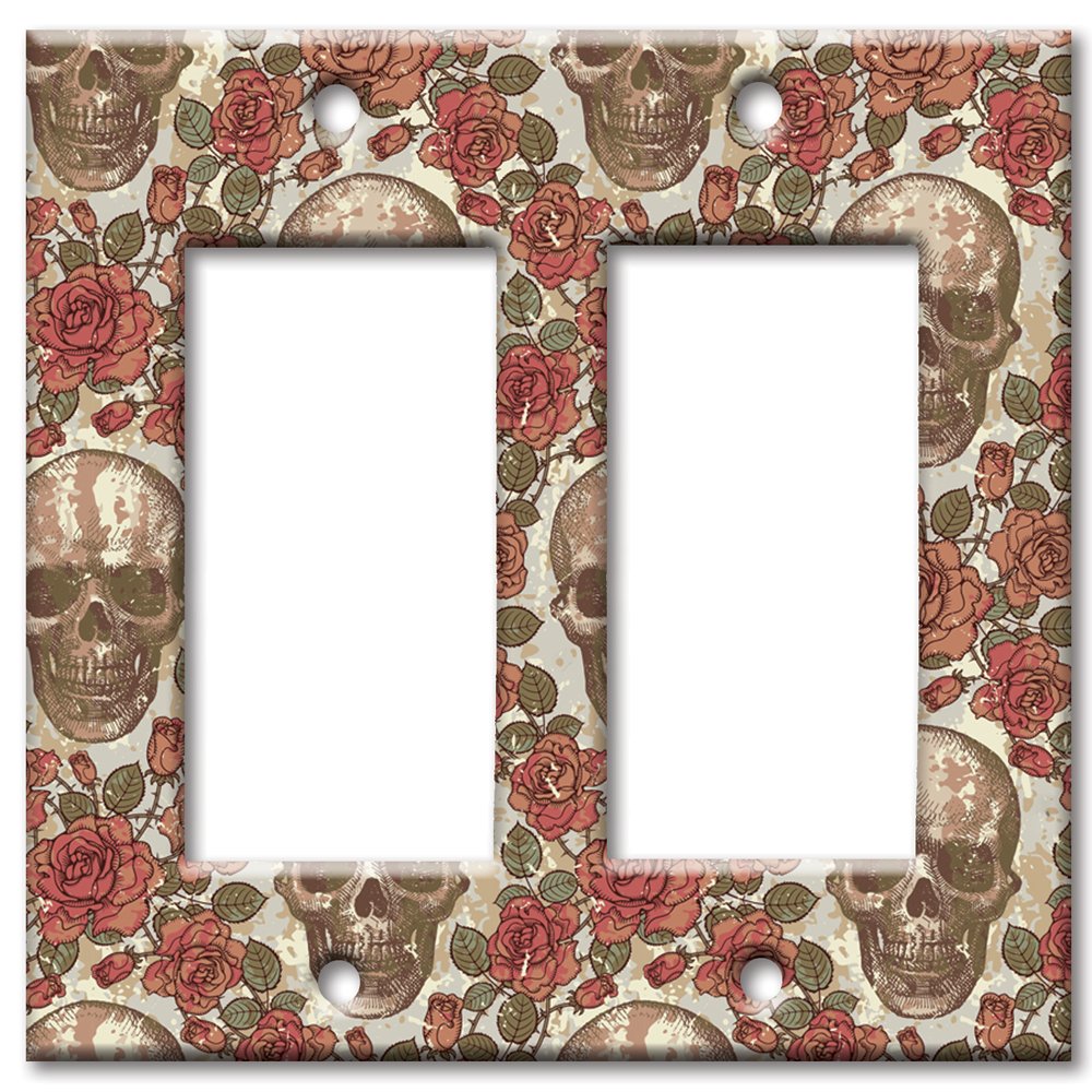 Oversized Double Gang Rocker Switch Plate - Skulls and Roses Art Design - Decorative Metal Wall Plate for Home & Office - Made in USA | Perfect for Gothic, Vintage, or Rock-Themed Room Decor