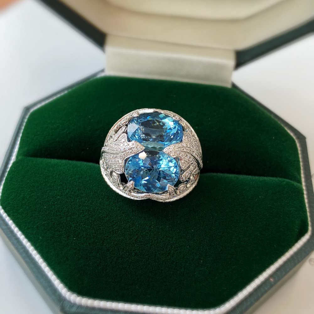925 Sterling Silver Women's Ring with Aquamarine & Diamond Accents - Elegant Double Dove Egg Opening Adjustable Ring for Engagement, Wedding, Anniversary & Cocktail Parties (CZC747) - Perfect for Romantic Occasions & Special Celebrations