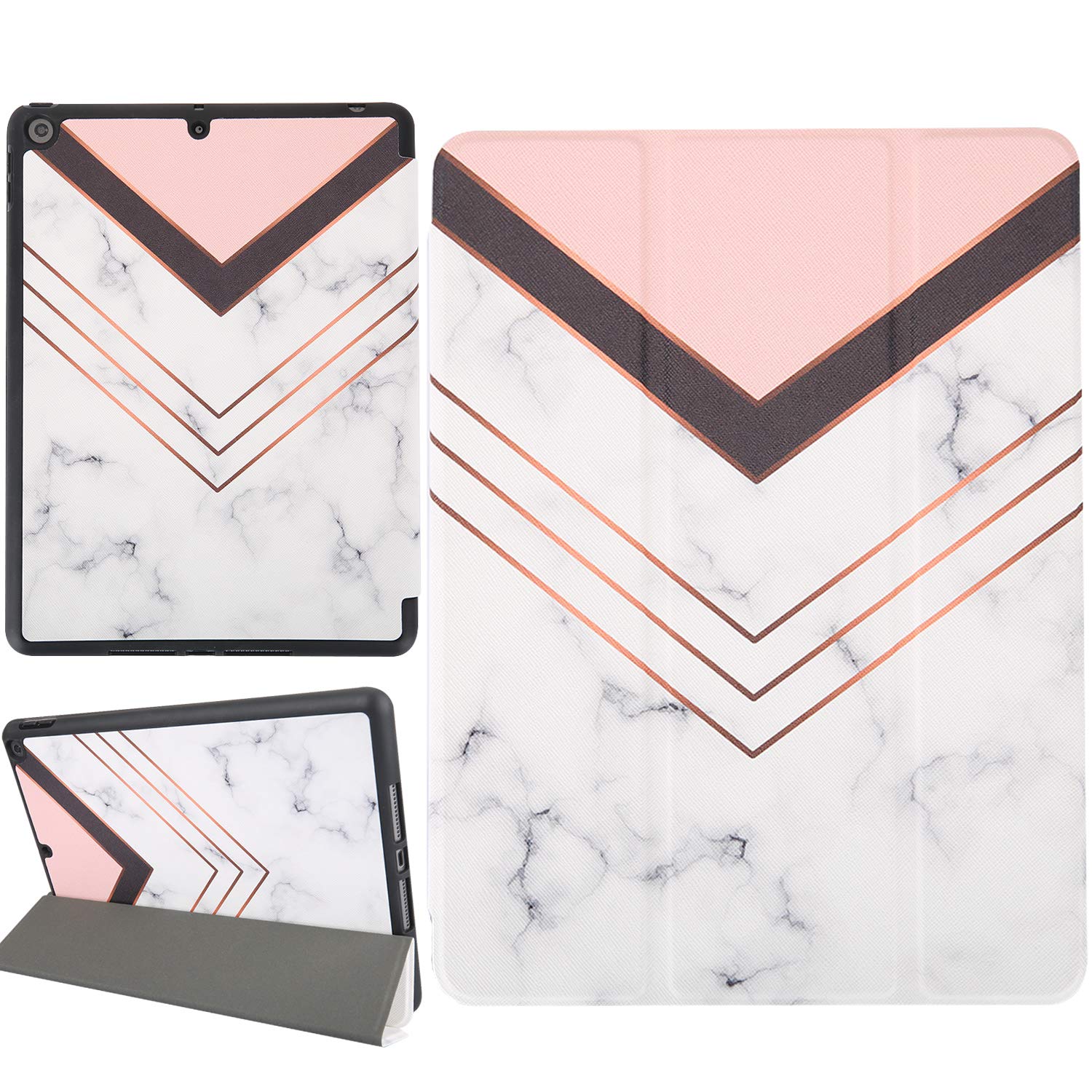 Shockproof Smart Cover Case for iPad 9th/8th/7th Gen (10.2-inch) - Compatible with iPad A2270 A2428 A2429 A2197 (2021/2020/2019 Models) | White Marble & Pink Design | Built-in Pencil Holder | Auto Sleep/Wake Feature - Perfect for Work, School & Travel Protection