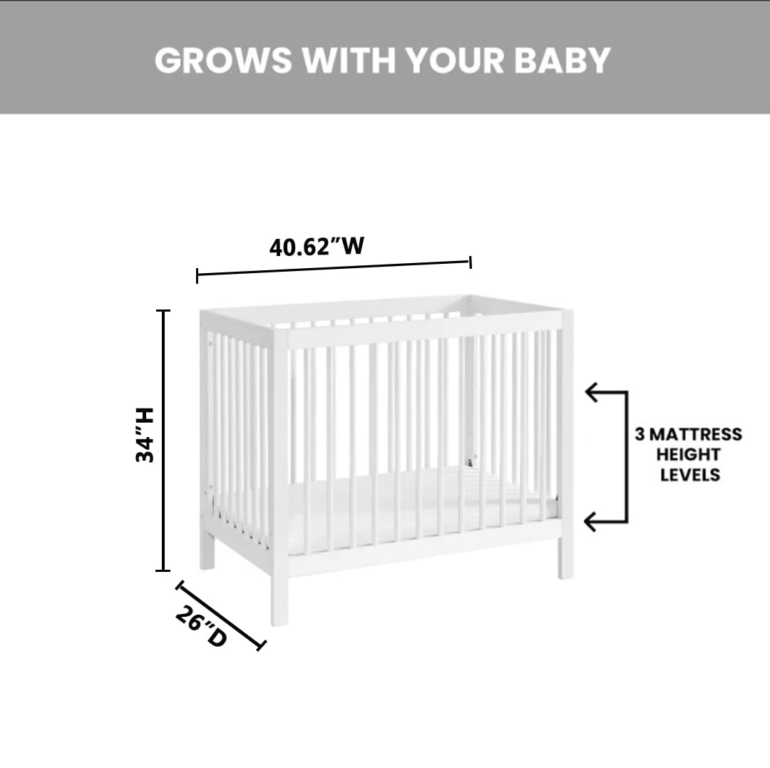 Oxford Baby Essentials Island Mini 4-in-1 Convertible Baby Crib with Round Spindles - White Nursery Crib for Newborns & Toddlers | Perfect for Small Spaces, Bedrooms & Daycare Centers