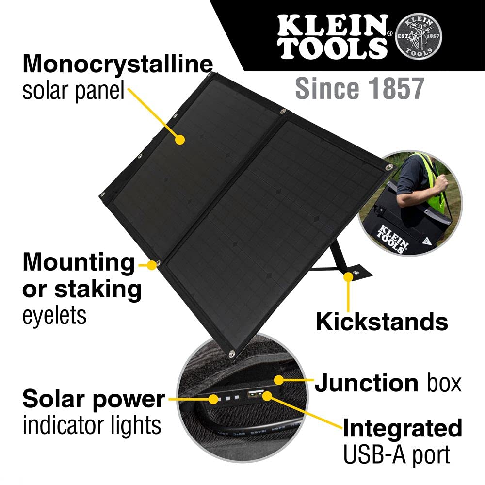 Klein Tools 29250 60W Foldable Solar Panel - Portable Solar Charger for Power Banks, Phones, Tablets & Outdoor Camping Gear | Perfect for Hiking, RV Trips & Emergency Power Backup