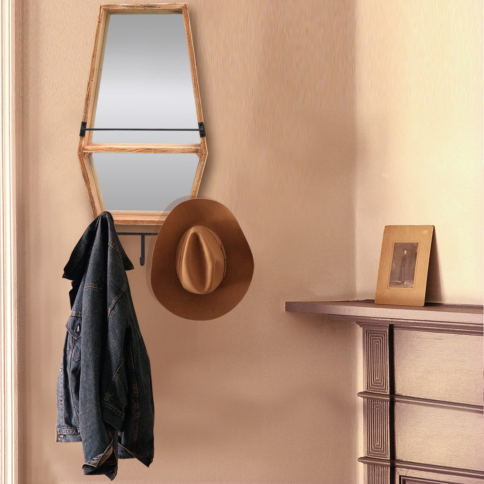Rustic Wood Framed Wall Mirror with Hooks and Shelf - Farmhouse Decorative Entryway Mirror for Bathroom, Bedroom & Living Room (13.78