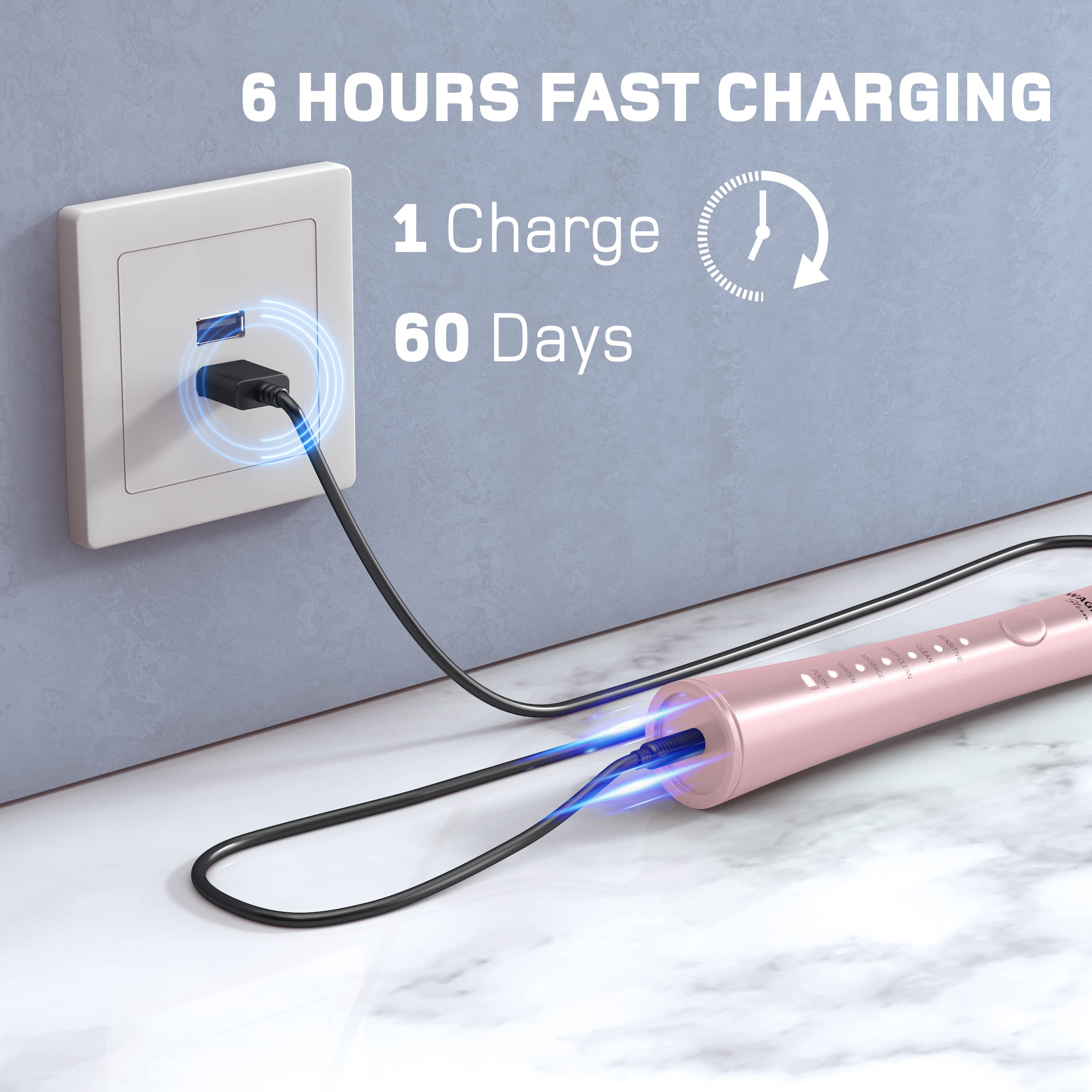 Wagner Stern Ultrasonic Whitening Electric Toothbrush with 8 Charcoal Black Brush Heads - Fresh Breath & Healthy Smile for Adults & Teens (Pink) | Perfect for Travel, Home & Daily Oral Care Routine