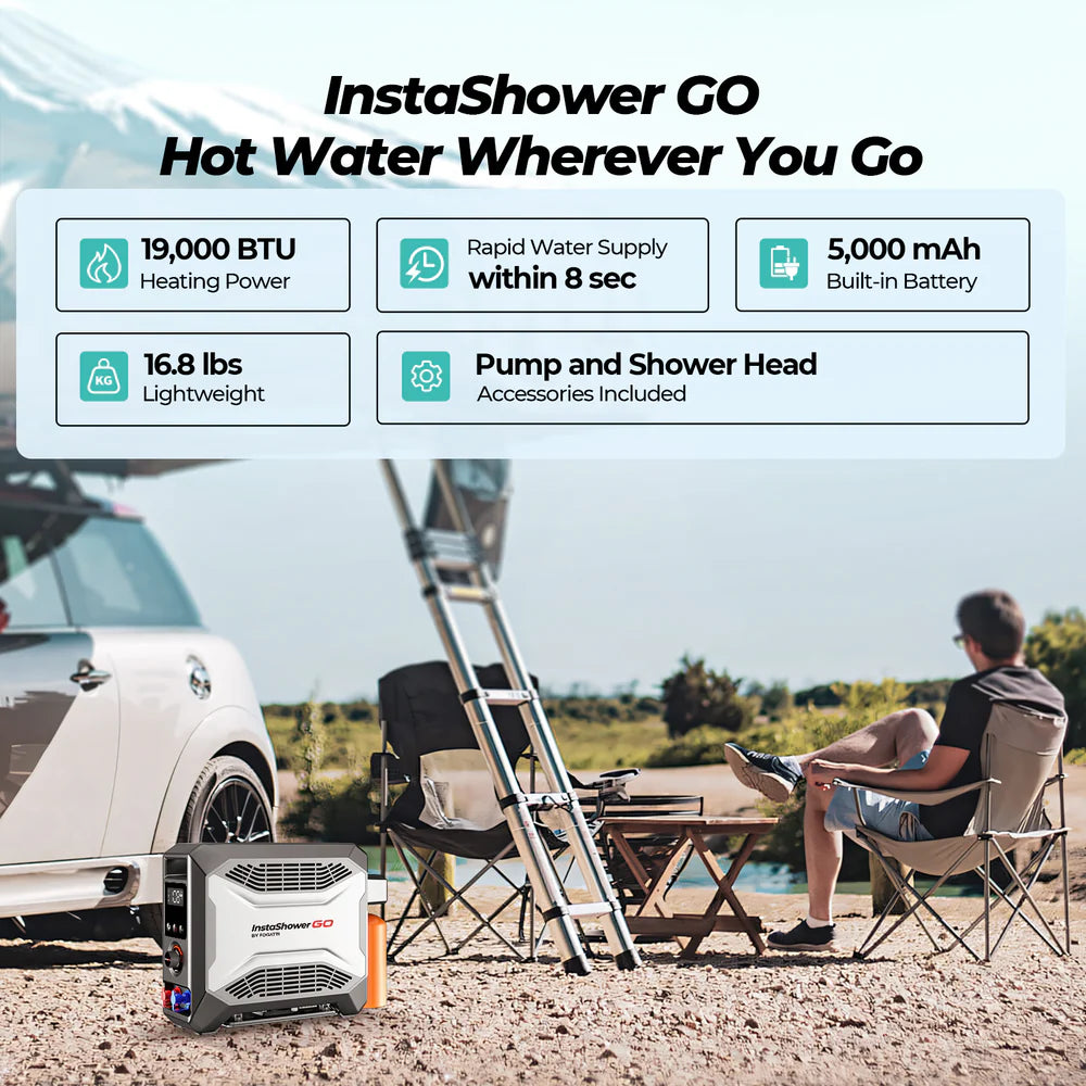 Fogatti InstaShower Go Portable Water Heater with Water Pump - 19,000 BTU Propane Camping Shower for Outdoor Adventures, RV Trips, and Emergency Use