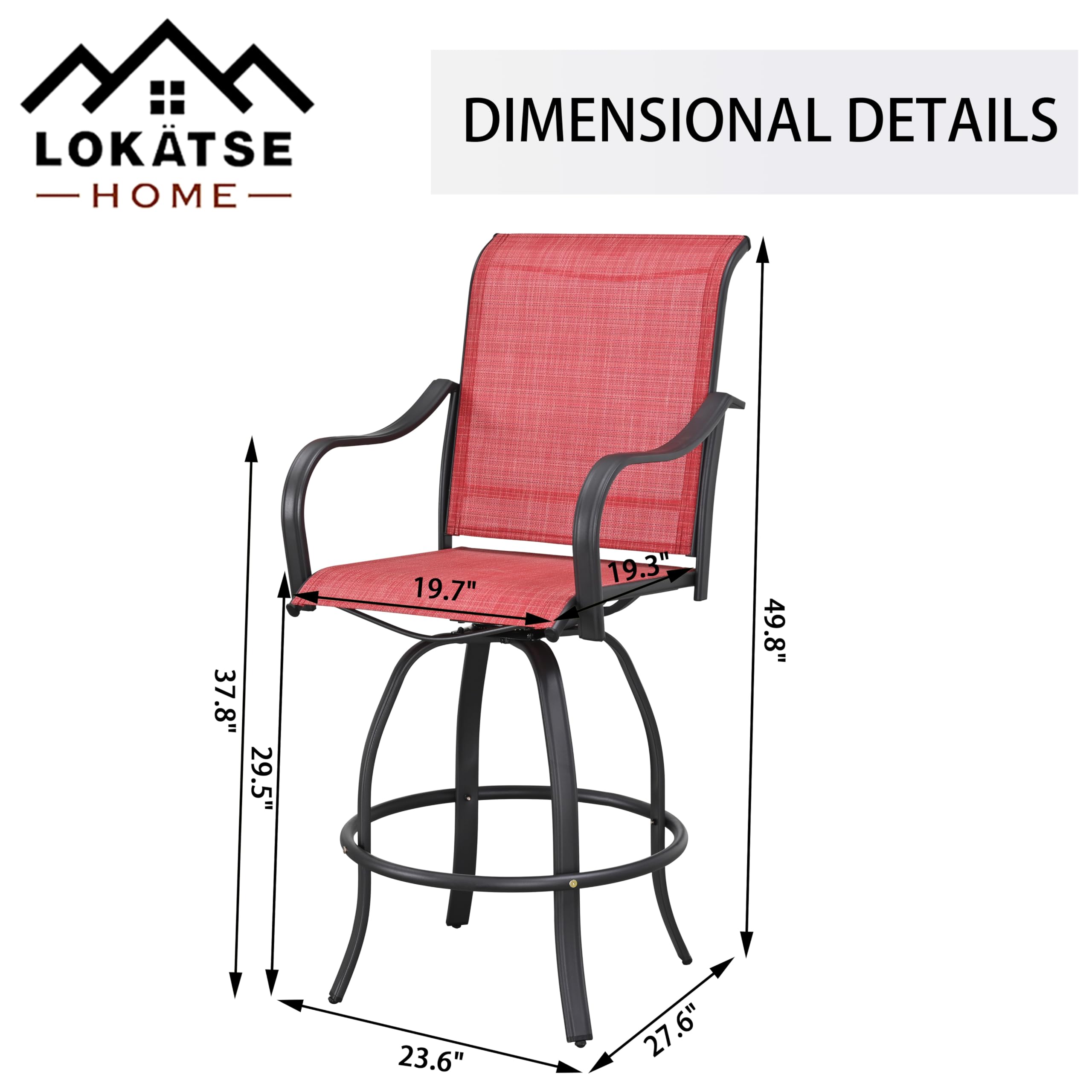 LOKATSE HOME 2-Piece Bar Height Swivel Stool Set - All-Weather Metal Frame & Red Tesling Fabric - Outdoor Patio Furniture for Backyard, Deck, Garden - Perfect for Poolside, BBQ, and Entertaining