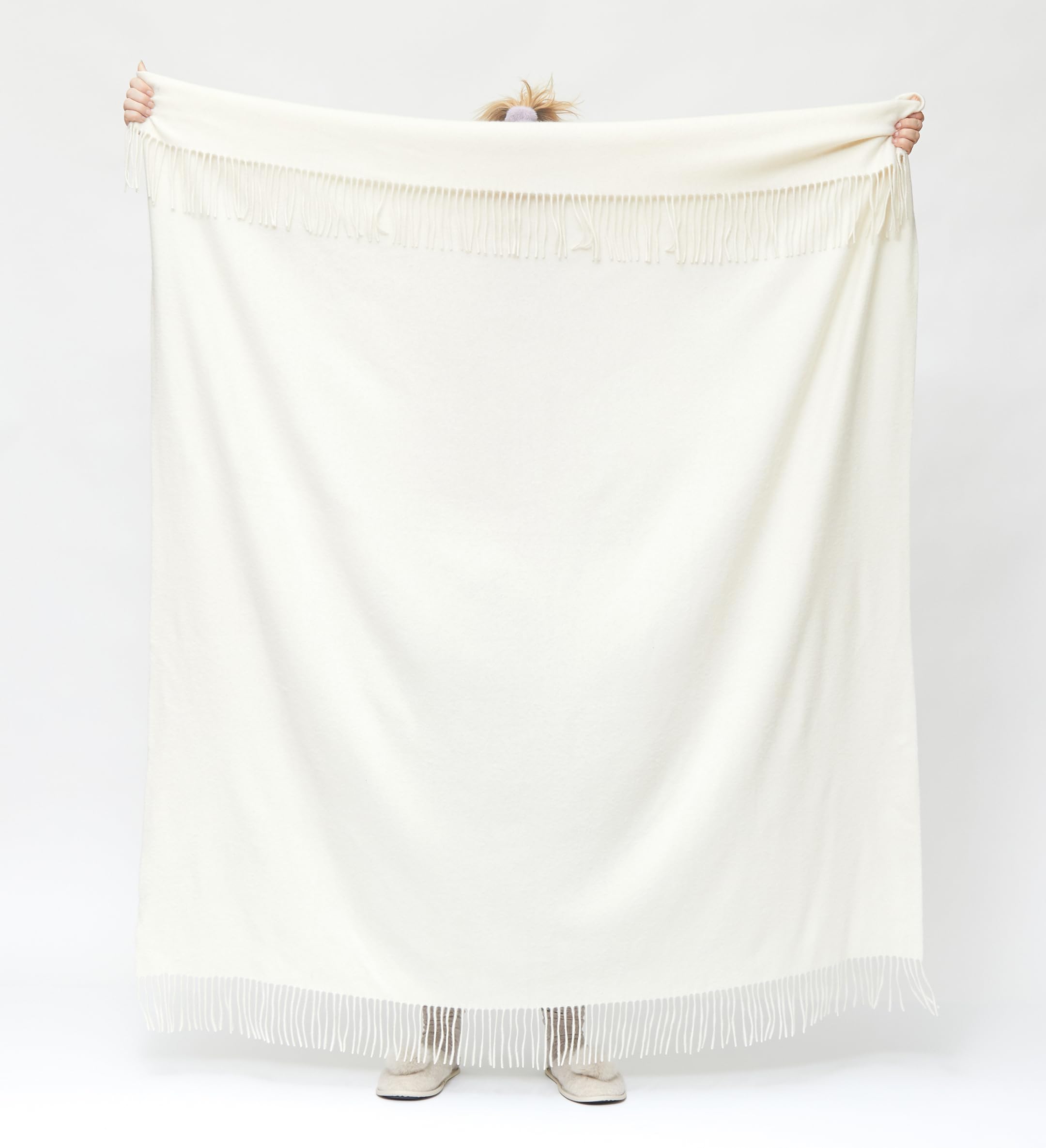 100% Pure Cashmere Throw Blanket - Ultra Soft Undyed White Luxury Blanket with Decorative Fringe for Couch, Sofa & Bed (60
