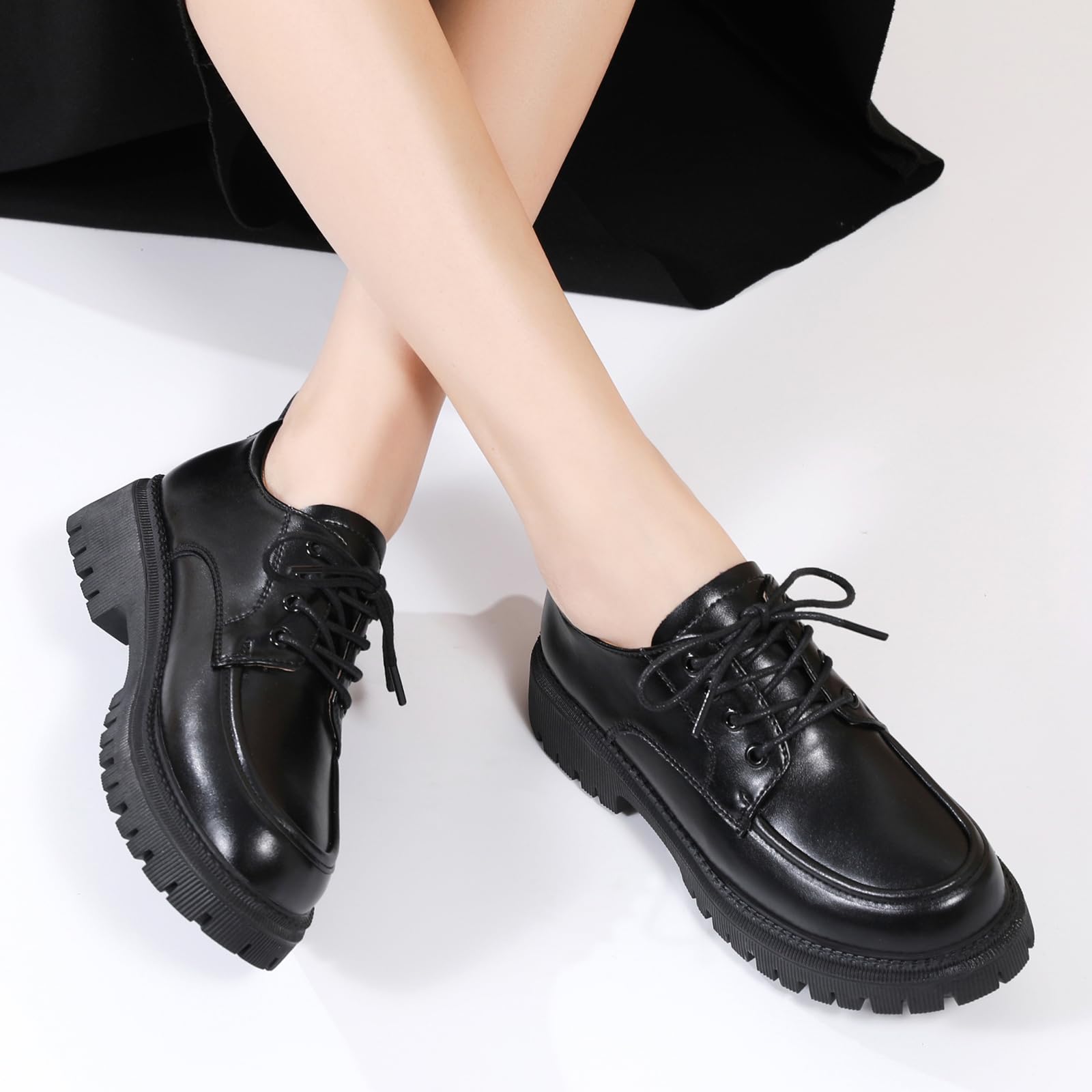 Stylish Black Oxford Shoes for Women - Platform Chunky Heel Patent Leather Business Casual Work Shoes | Comfortable & Classic Design for Office, Party & Daily Wear