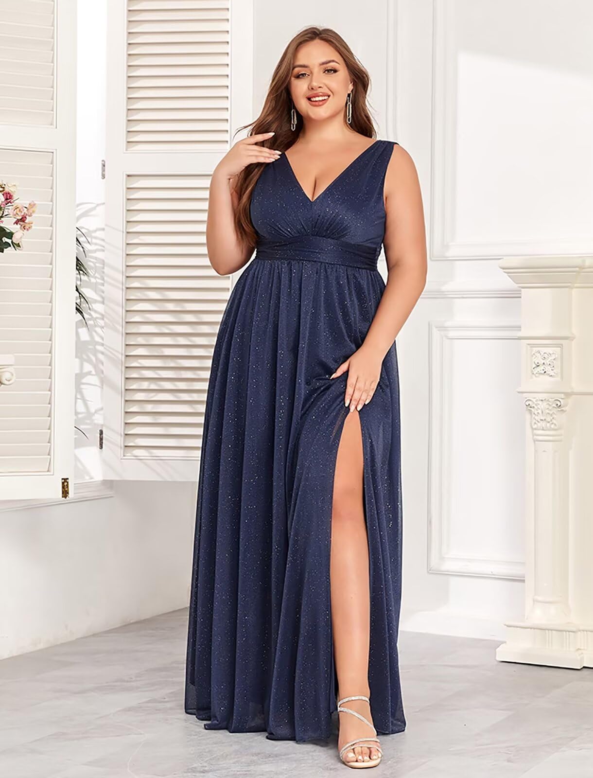 Elegant V-Neck Glitter Evening Gowns for Women 2025 - Sleeveless A-Line Bridesmaid Dresses with Thigh Split | Perfect for Weddings, Prom, Cocktail Parties & Formal Events