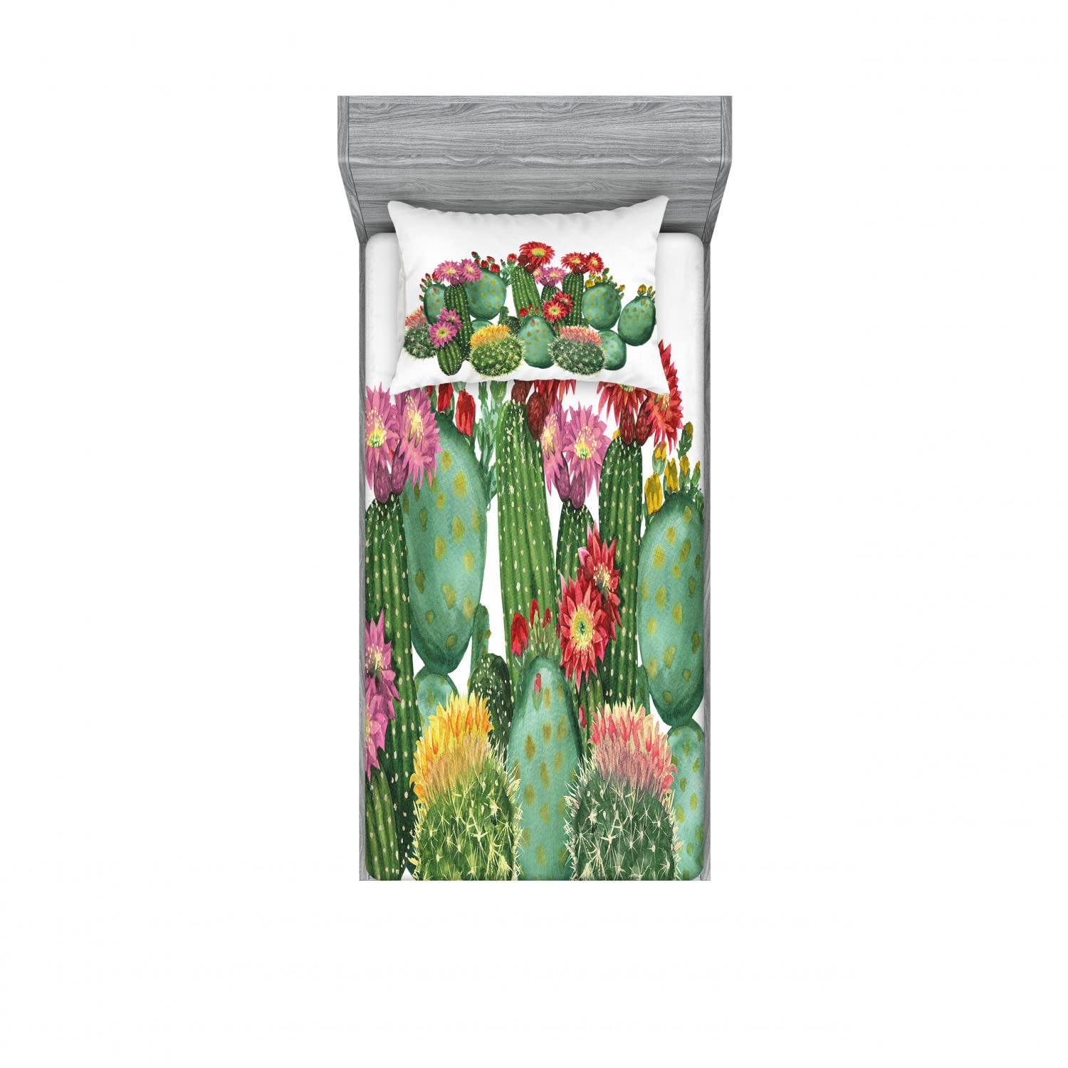 Ambesonne Cactus 2-Pack Twin XL Fitted Sheet & Pillow Sham Set - Saguaro Tropical Garden Print, 4-Piece Bedding Decor (2 Fitted Sheets + 2 Pillow Covers), Vibrant Multicolor Design for Kids & Guest Rooms - Perfect for Desert Themed Bedrooms, Dorm Decor, and Southwest Style Home Decor