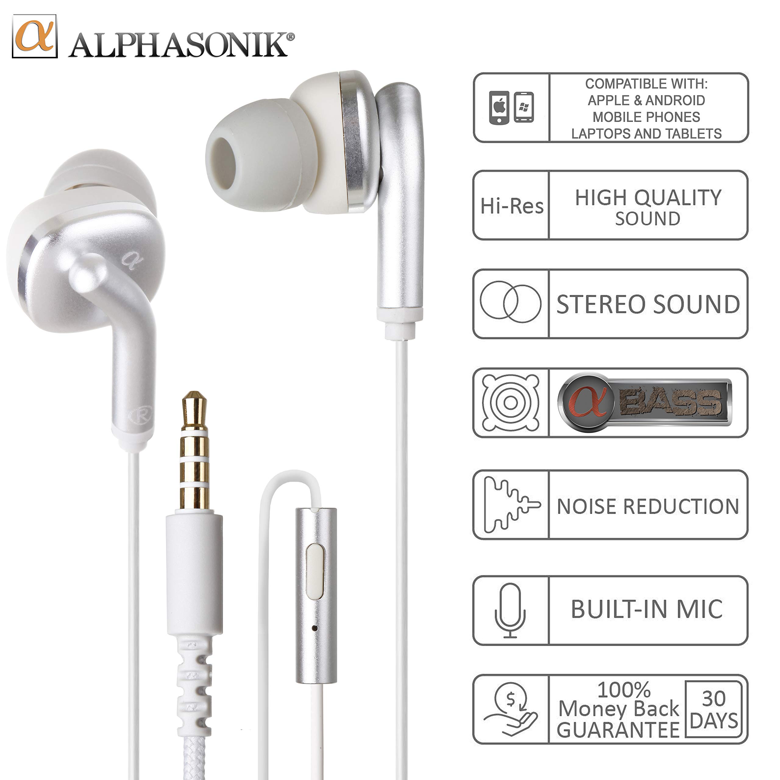 Alphasonik Premium Noise Isolating In-Ear Headphones with Bass Boost, Stereo Microphone & Remote Control - Compatible with iPhone, iPad, Samsung Galaxy & Android Phones - Perfect for Music, Gaming & Hands-Free Calls
