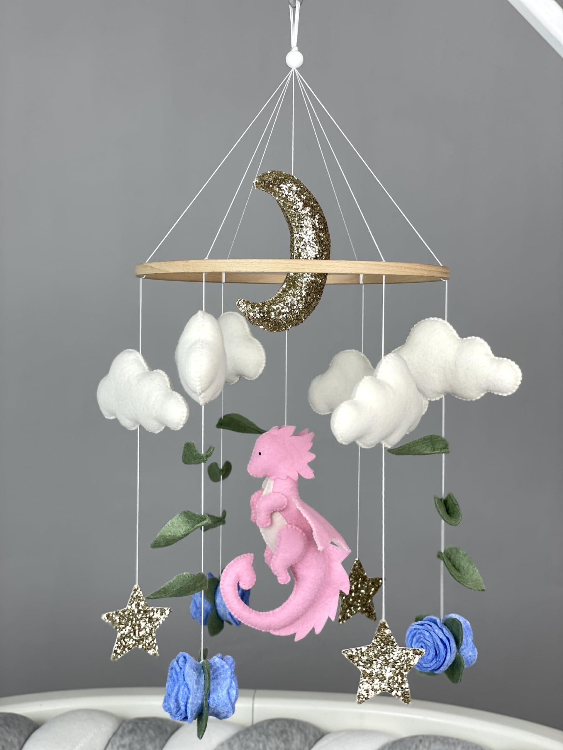 Pink Dragon Baby Crib Mobile - Fantasy Nursery Decor, Felt Dragon & Flower Mobile for Baby Girls - Perfect for Baby Showers & Newborn Gifts | Nursery Decor, Baby Room Theme, Infant Visual Stimulation