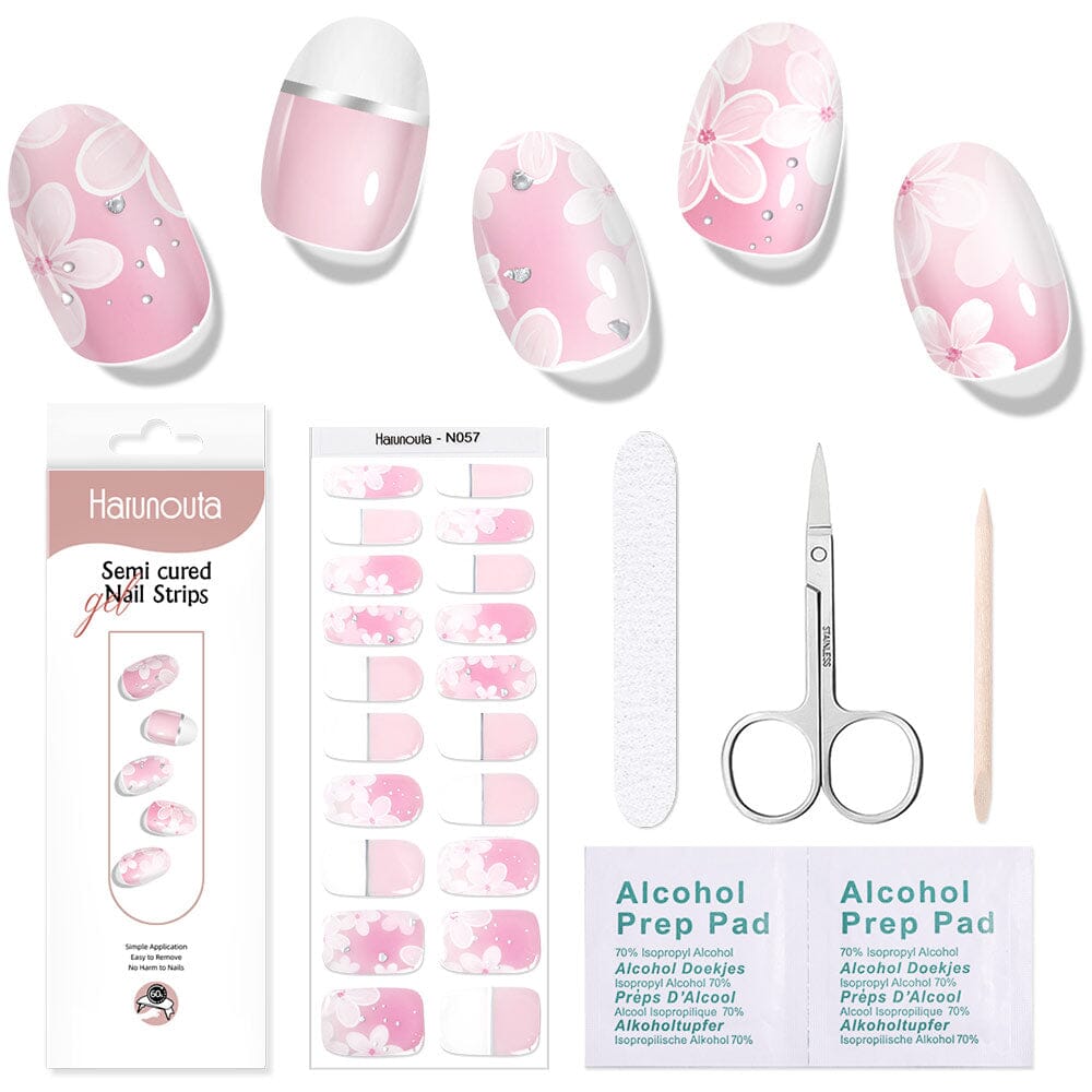 20 Tips Pink Flowers Semi Cured Gel Nail Strips - Long Lasting DIY Nail Art Kit for Home Salon Manicure | Perfect for Parties, Weddings & Special Occasions