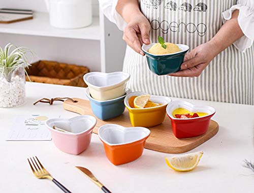Heart-Shaped Porcelain Ramekin Bowls - Set of 4 Souffle & Crème Brûlée Dishes for Baking (Red/Green/Blue/Pink/Yellow) | Perfect for Desserts, Appetizers & Romantic Dinners