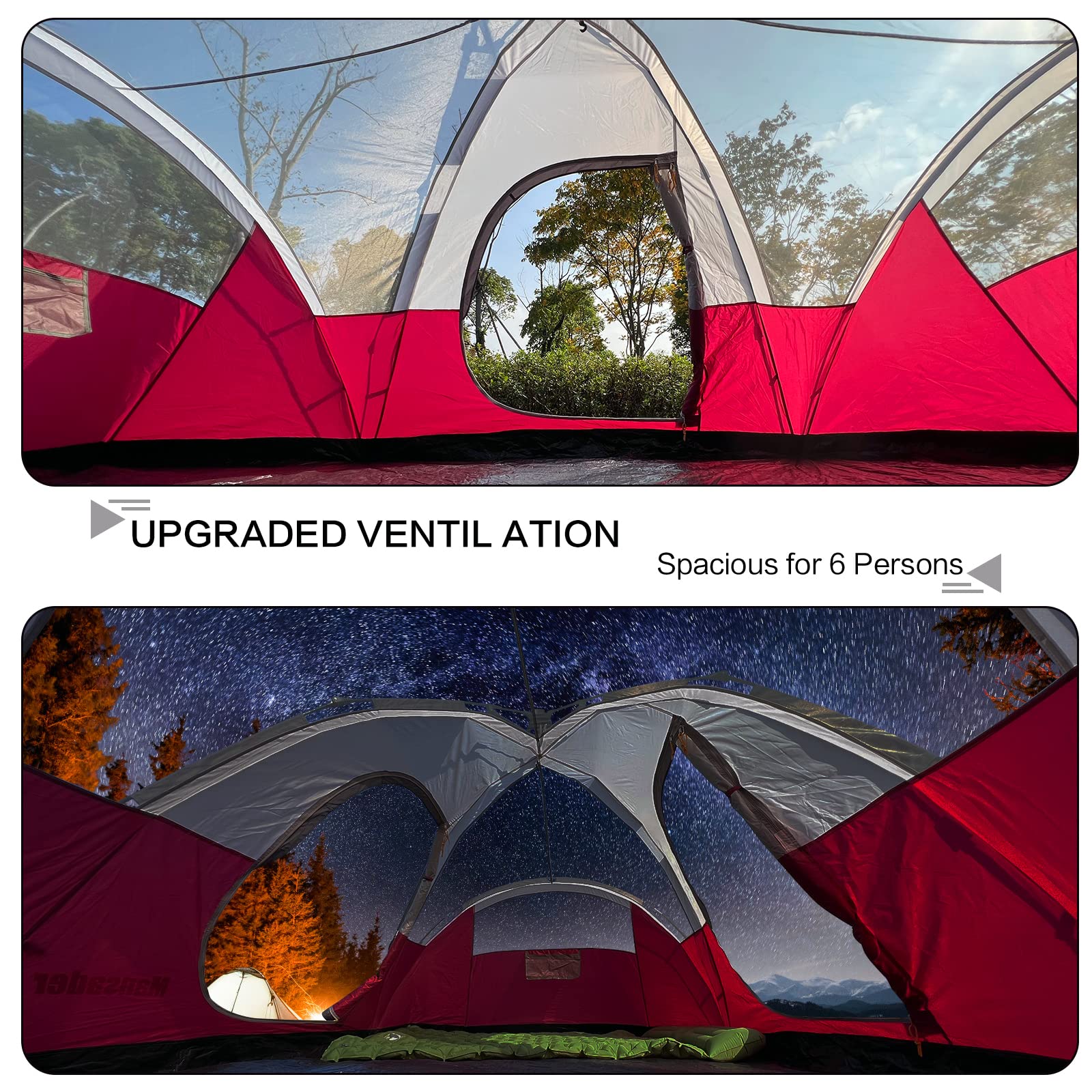 6 Person Family Camping Tent - Waterproof Windproof Dome Tent with Top Rainfly - Easy Setup Pop Up Tent for Outdoor Camping, Hiking, Backpacking & Travel - Perfect for Family Adventures, Beach Trips & Music Festivals
