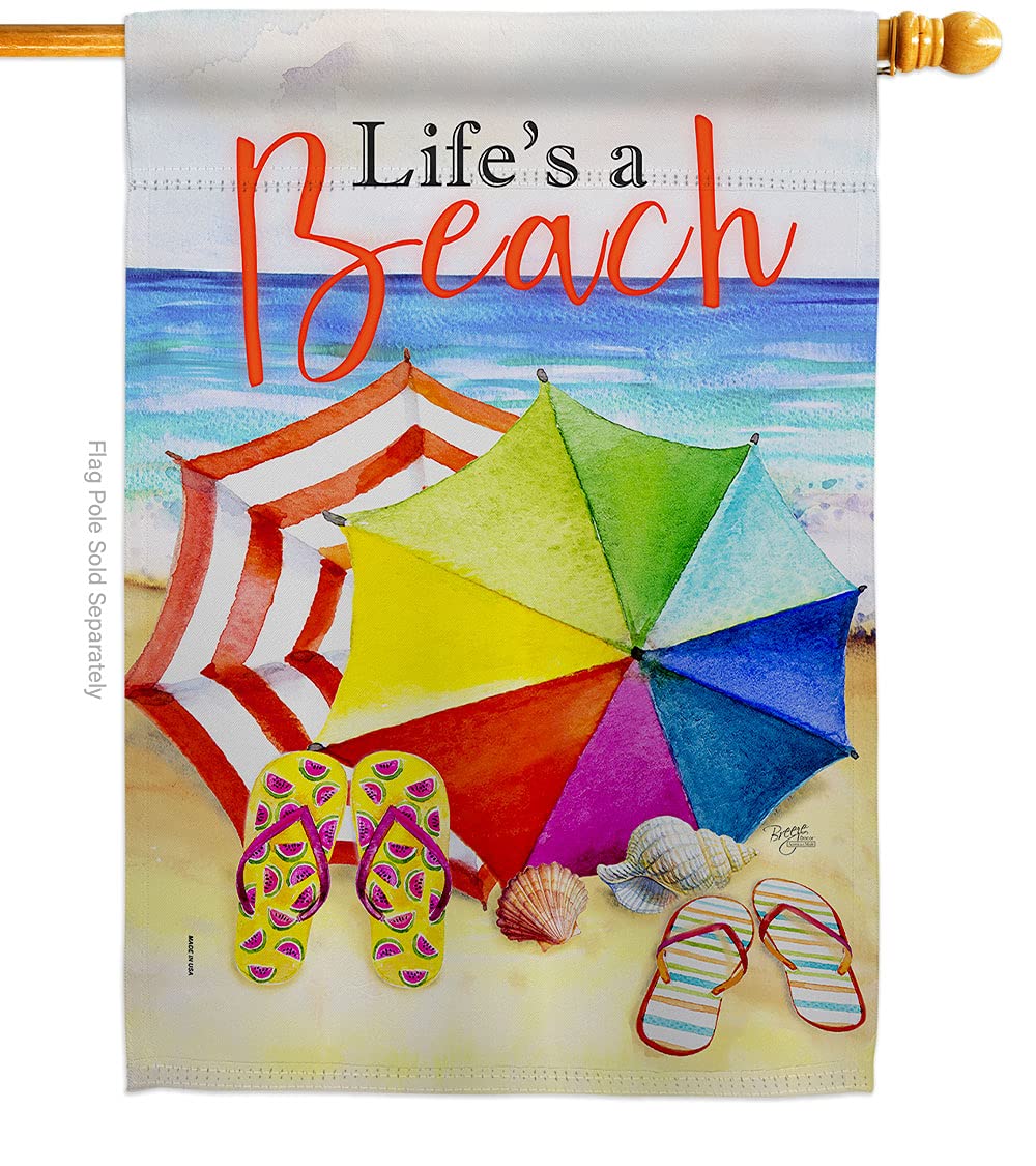 Life's A Beach Double-Sided House Flag - Coastal Tropical Decor with Sea Shells & Ocean Sand Design for Outdoor Summer Decoration | Made in USA | Perfect for Garden, Yard, Porch & Beach House Decor