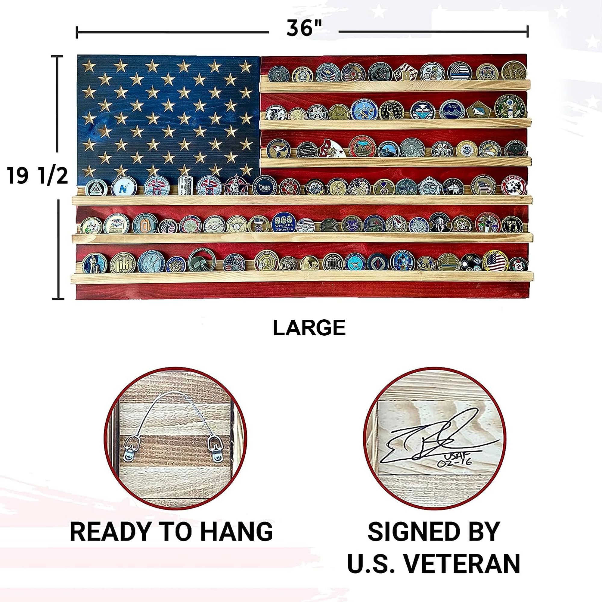Flags of Valor American Flag Challenge Coin Display - Holds 100 Military Coins, Patriotic Wall Decor Made in USA by Veterans (Large 19x36 Inches) - Perfect for Military Home Decor, Veteran Gifts & Patriotic Office Display