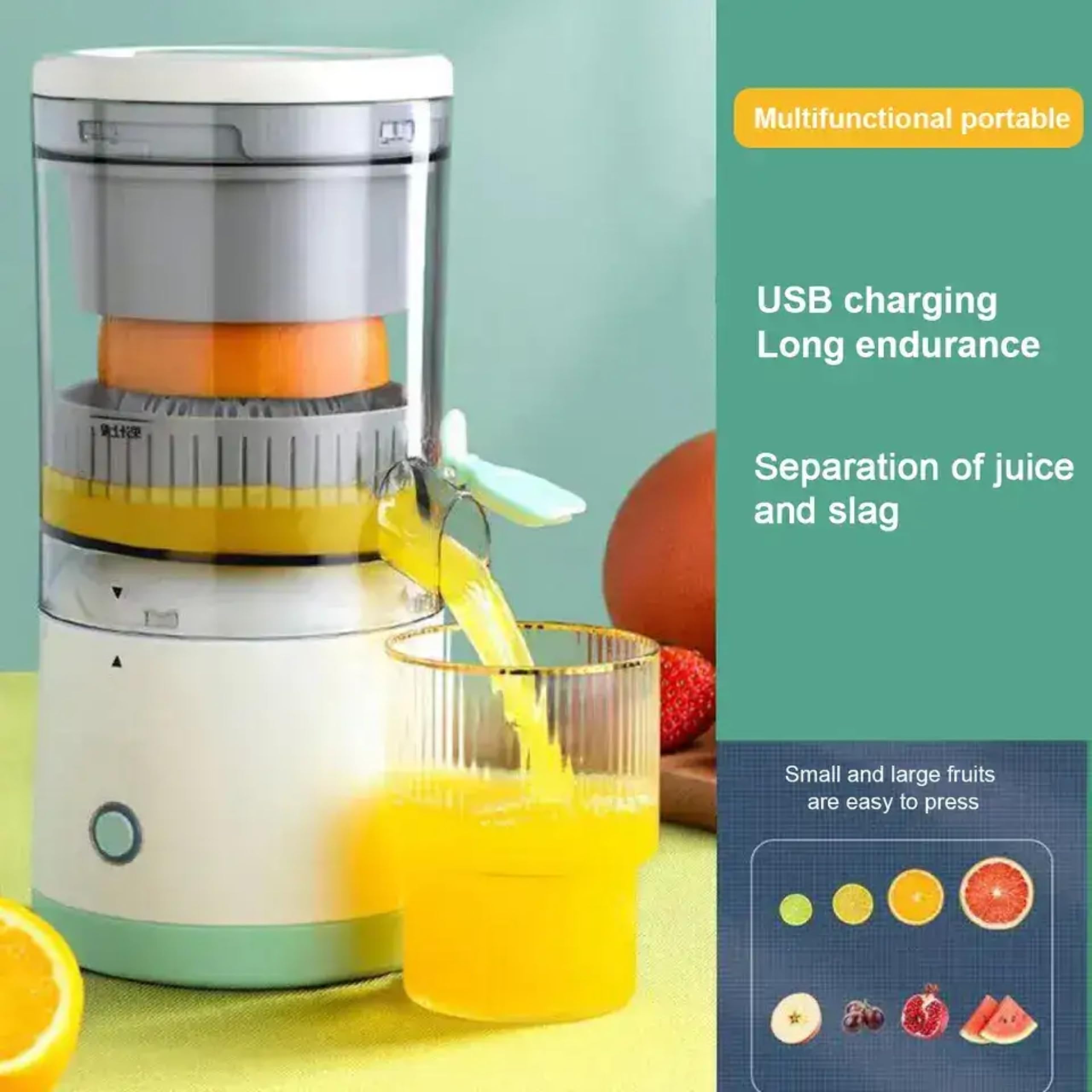 Electric Citrus Juicer - Portable USB Rechargeable Manual Orange Lemon Squeezer with Charging Cable | Wireless Handheld Juice Extractor for Kitchen, Camping & Healthy Breakfast | BPA Free Fruit Press