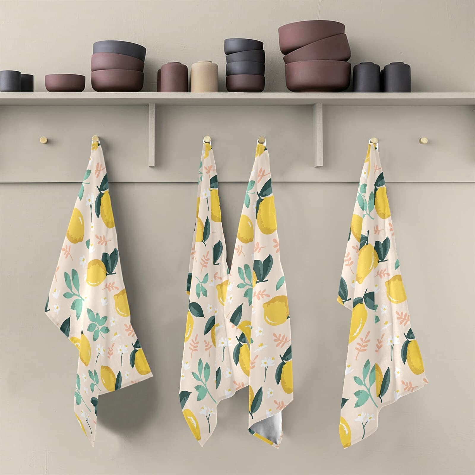 **Premium Yellow Lemon Leaves Hand Dish Towel Set of 6 – Super Absorbent, Lint-Free Kitchen & Bath Towels (18x28 IN) – Floral Turquoise & Pink Design for Tea Bar, Cleaning, and Home Decor**    *Perfect for kitchens, bathrooms, cafes, and as stylish home accessories!*