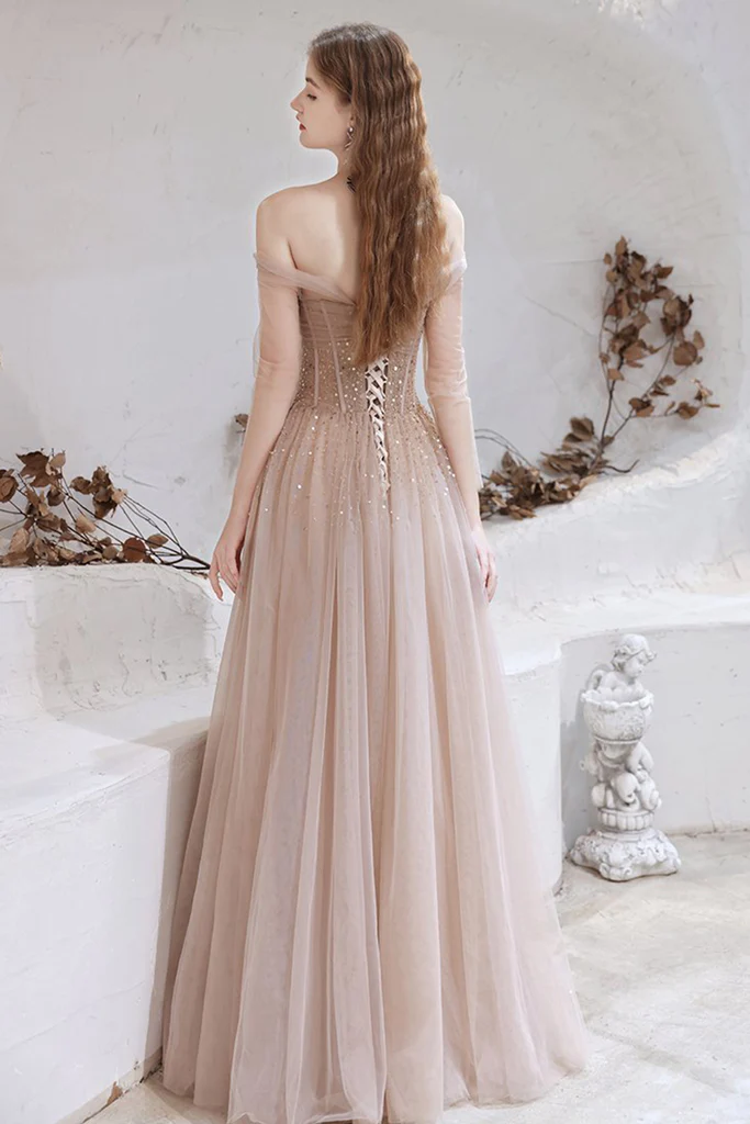 Elegant Off Shoulder A-Line Tulle Prom Dress with Sequins - Long Sleeve Formal Evening Gown 306 for Homecoming, Wedding, and Special Occasions