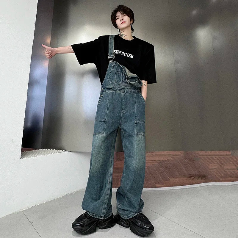 Men's Denim Overalls - American Style Washed Patchwork Straight Wide Leg Jeans for Men | Trendy Spring Outfit | Perfect for Casual Wear, Work & Outdoor Activities