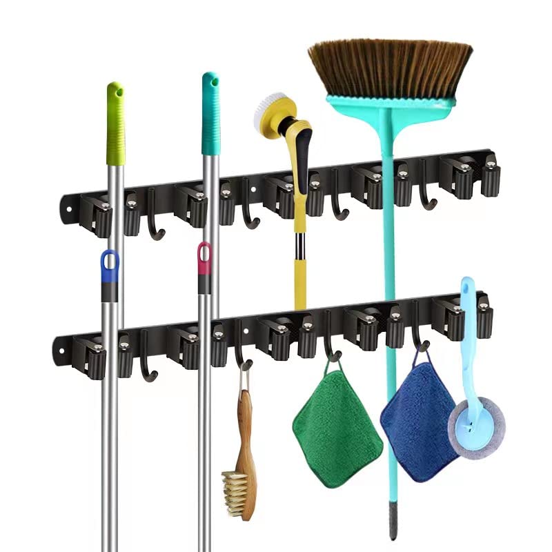 LOVZEN 2-Pack Heavy Duty Stainless Steel Broom Holder Wall Mount - 5 Rack 4 Hook Broom Organizer for Kitchen, Laundry Room, Garage - Space Saving Mop and Broom Storage Solution for Home Organization (Black)
