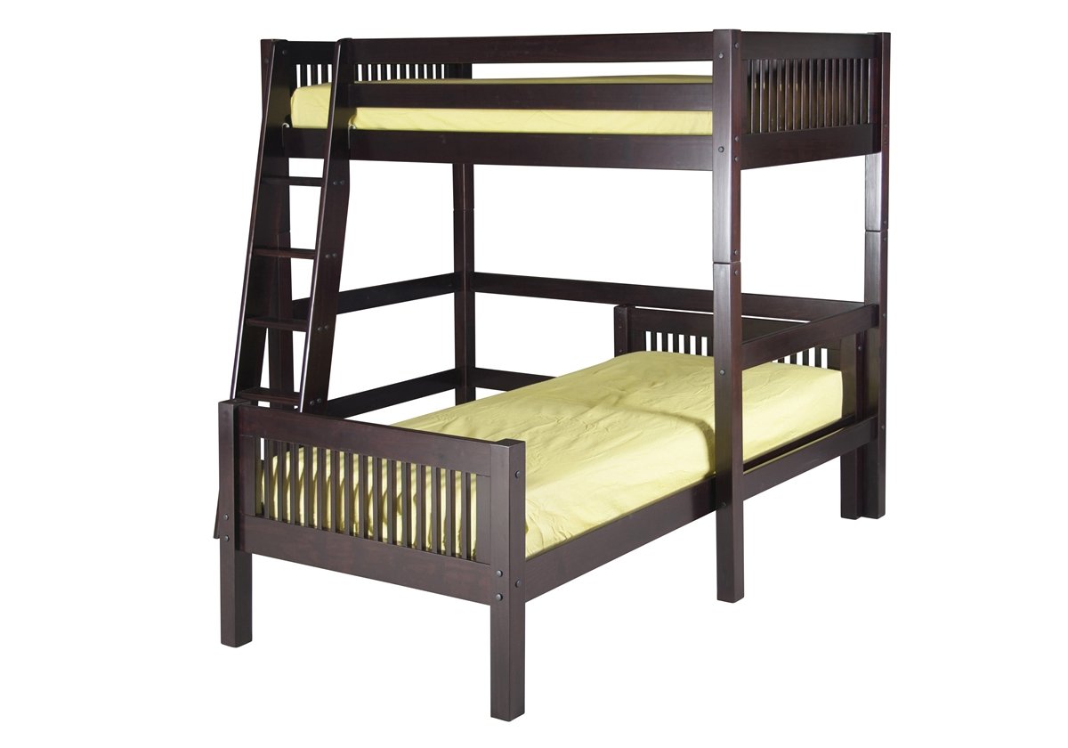 Camaflexi Mission Style Solid Wood L-Shaped Loft Bed - Twin Over Twin Bunk Bed with Side Angled Ladder in Cappuccino Finish - Space Saving Kids Bedroom Furniture for Small Rooms & Dorm Living