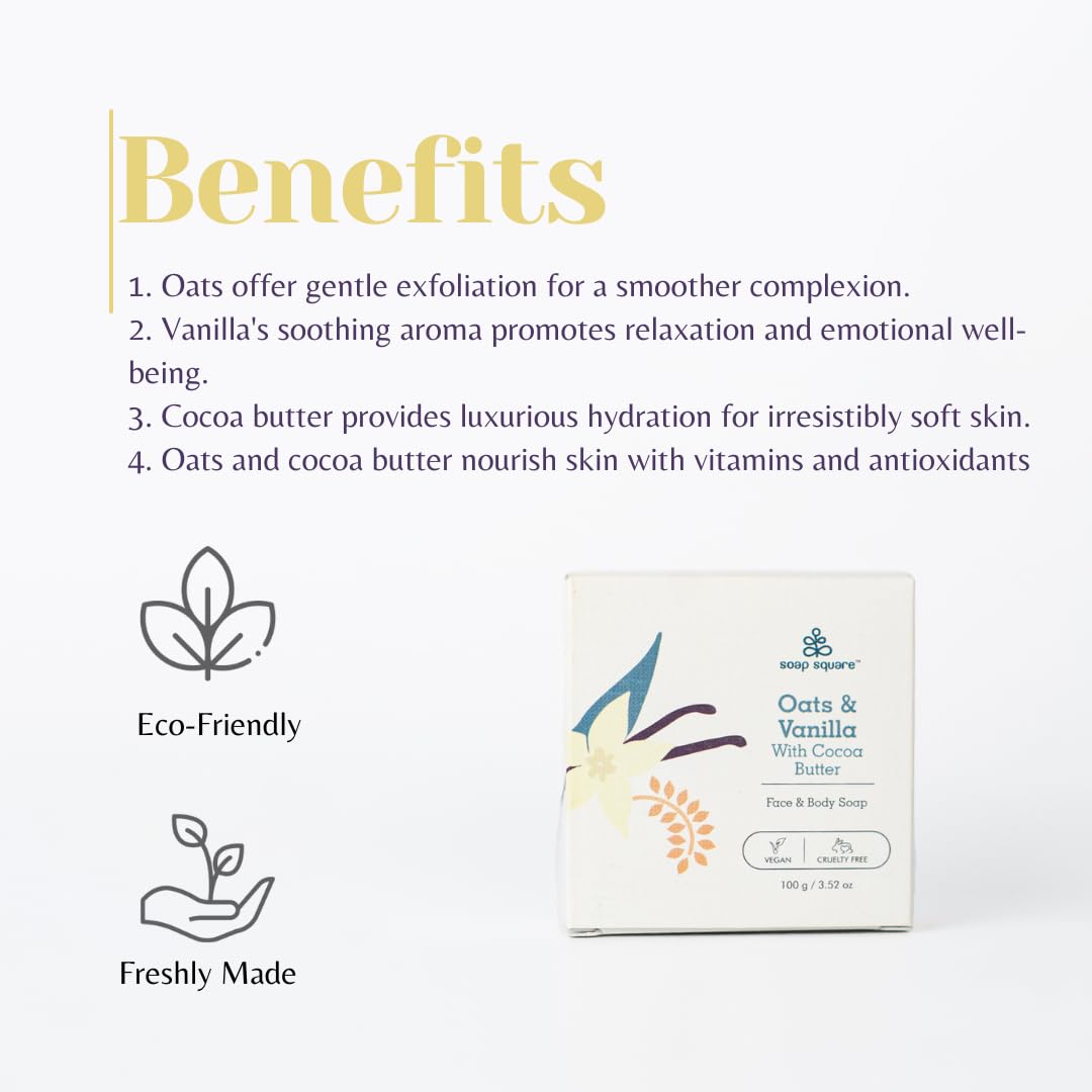 SOAP SQUARE Oats & Vanilla with Cocoa Butter Soap Bar - SLS Free, Paraben Free, Cruelty-Free Vegan Soap - Handcrafted in India - Freshly Made 100g - Perfect for Gifting, Customized Presents & Daily Skincare Routine