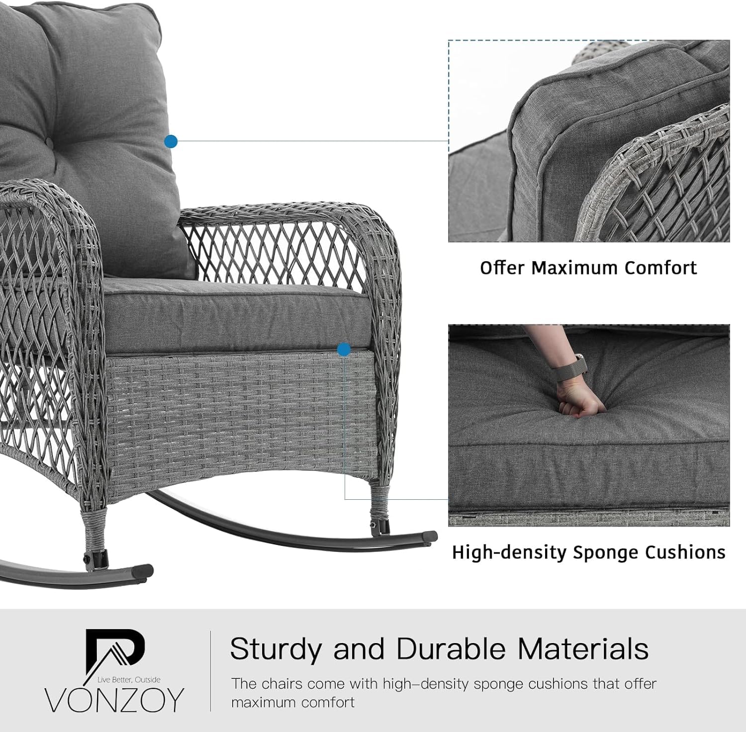 3-Piece Patio Furniture Set - Wicker Outdoor Rocking Bistro Set with Thick Cushions, Rocking Chairs & Coffee Table - Perfect for Porch, Backyard, Garden or Balcony (Grey) - Ideal for Relaxing, Entertaining & Outdoor Dining